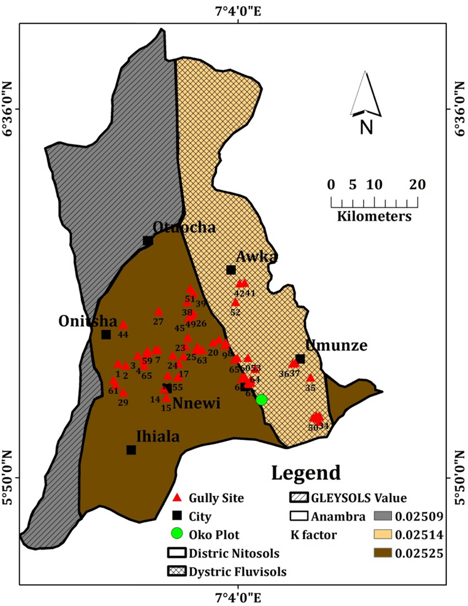 Figure 10 
               Map overlay of varied soil erodibility (K factor in ton ha hr MJ−1 mm−1) rate, soil types, and gully erosion sites in Anambra State. Source: Diva-GIS, DSMW/WRB [33], and field work data, modified by the authors.
            