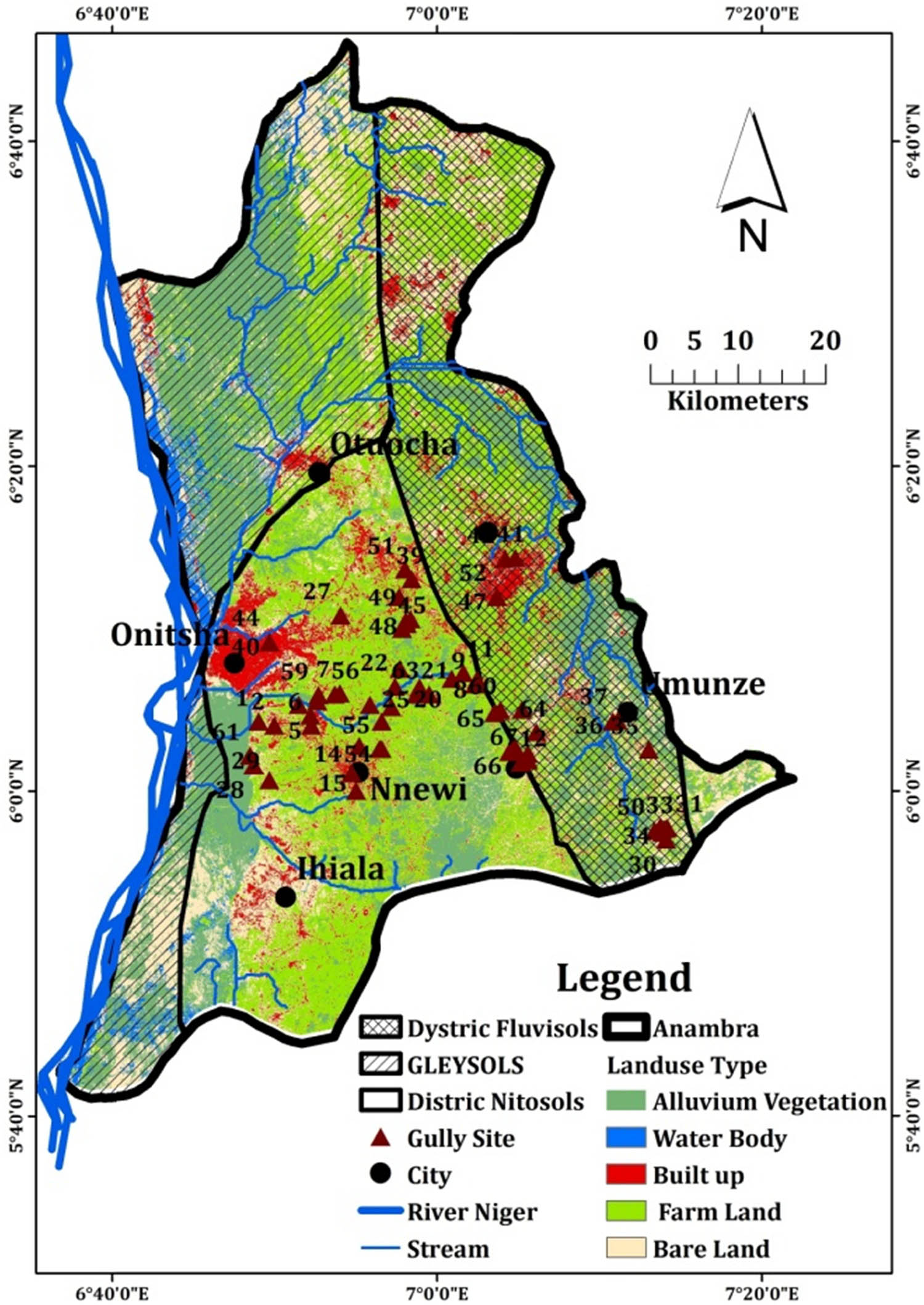 Figure 11 
               Map overlay of land use land cover change, soil types, and gully erosion sites in Anambra State. Source: Diva-GIS, DSMW/WRB [33], and field work data, modified by the authors.
            