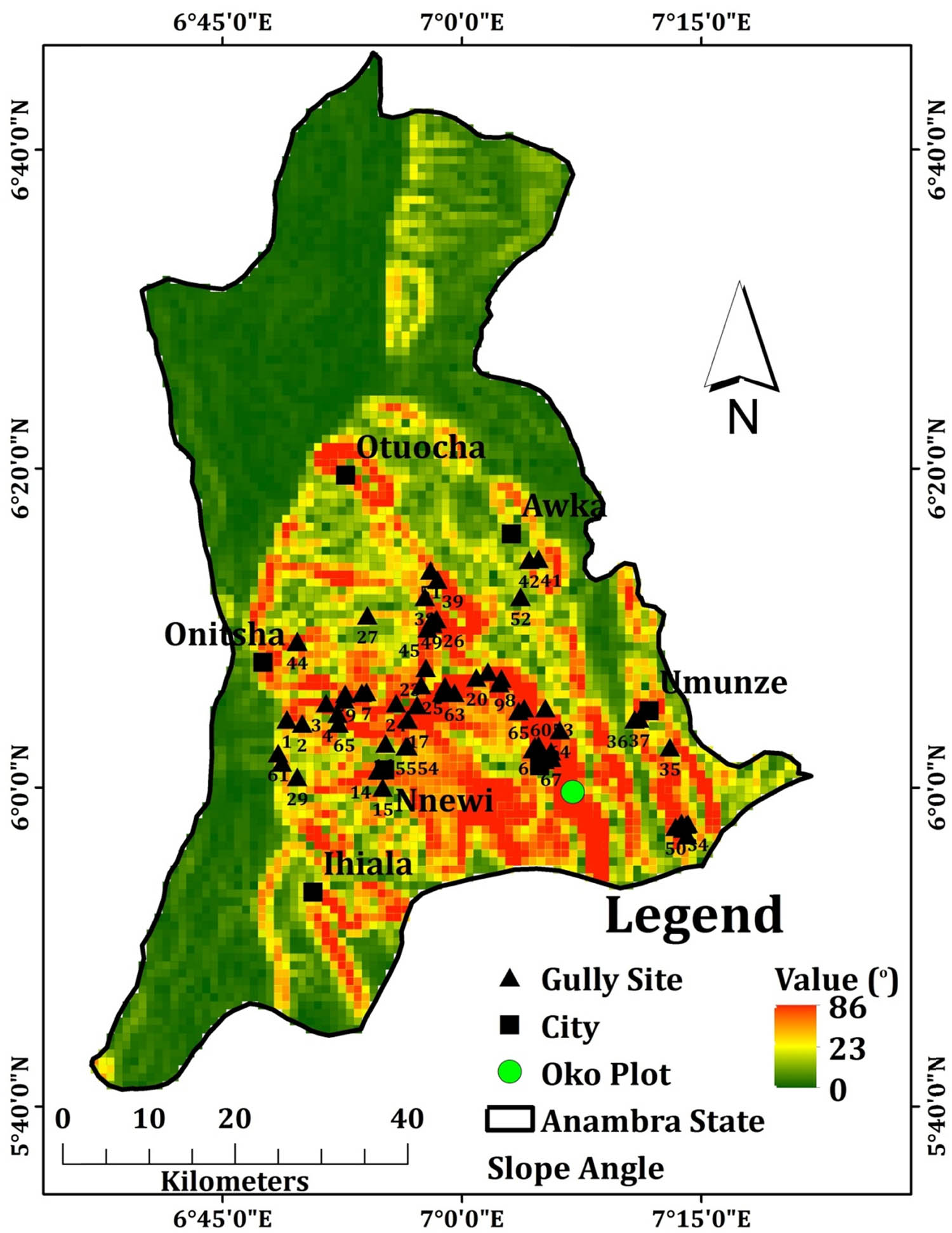 Figure 12
Map overlay of the slope angle and gully erosion sites in Anambra State. Source: Diva-GIS and field work data, modified by the authors.