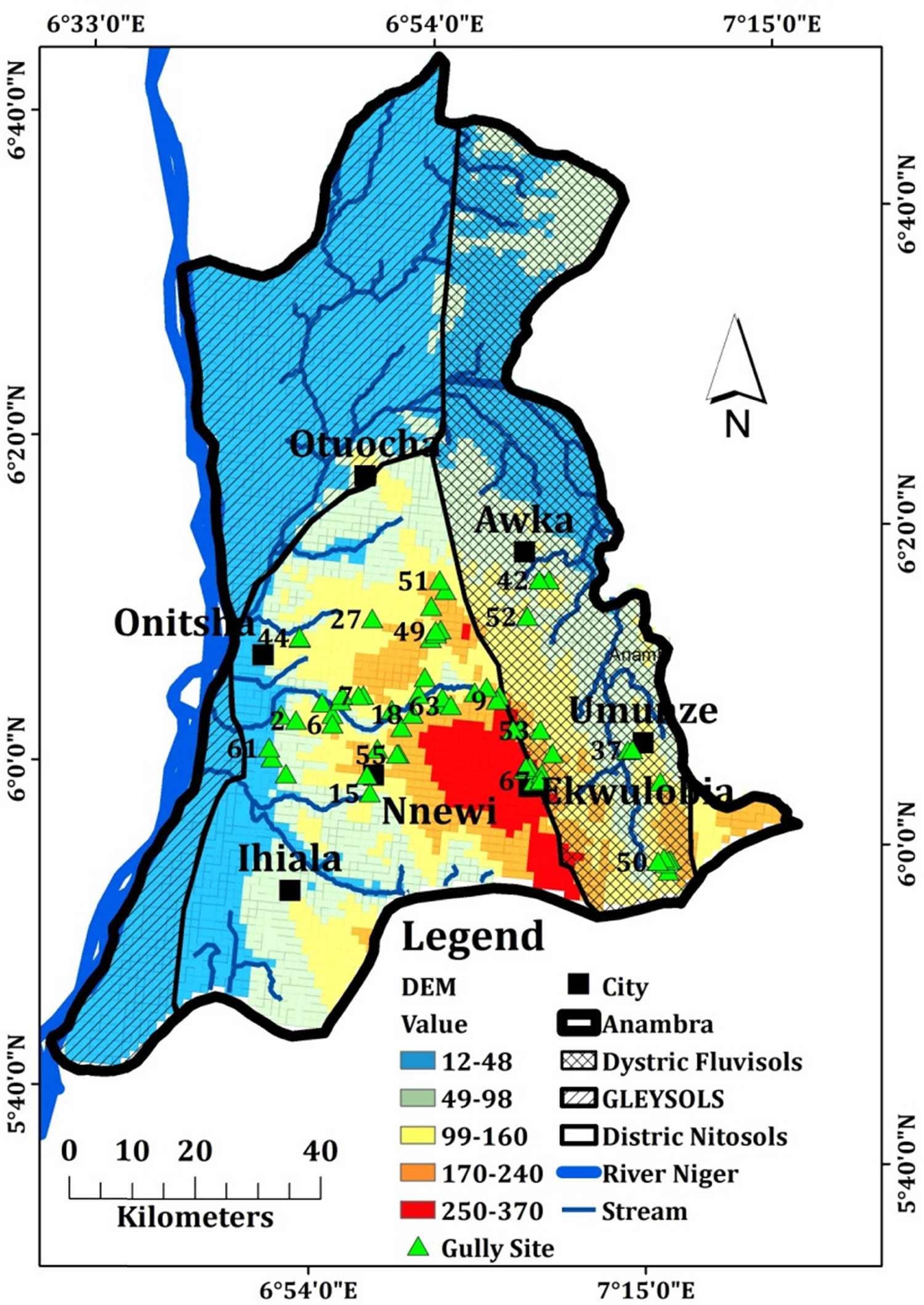 Figure 13 
               Map overlay of elevation, soil types, and gully erosion sites in Anambra State. Source: Diva-GIS, DSMW/WRB [33], and field work data, modified by the authors.
            