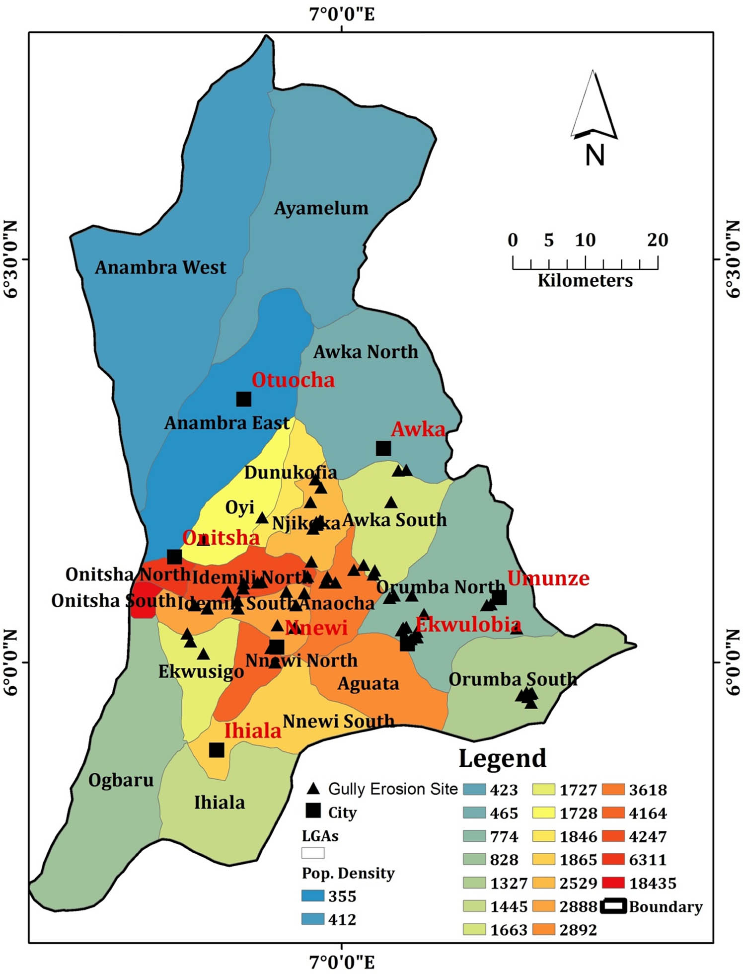  
                  Population density map of Anambra State based on LGAs and the locations of gully erosion heads. Source: Diva-GIS, Ndulue, Ayadiuno [23], and field work data modified by the authors.
               