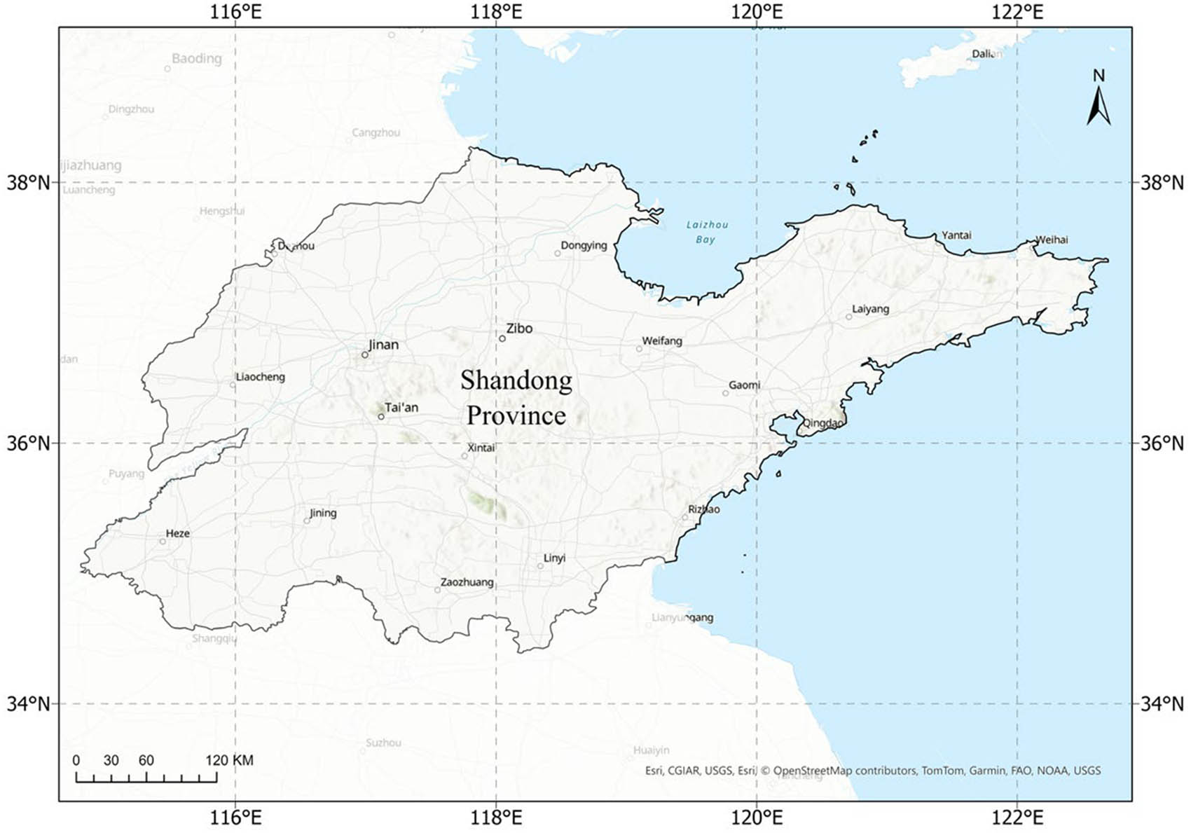 Figure 1 
                  Geographical map of Shandong Province. Note: The map is made based on the standard map with the review number GS (2024) 0650, downloaded from the Standard Map Service of the Ministry of Natural Resources.
               