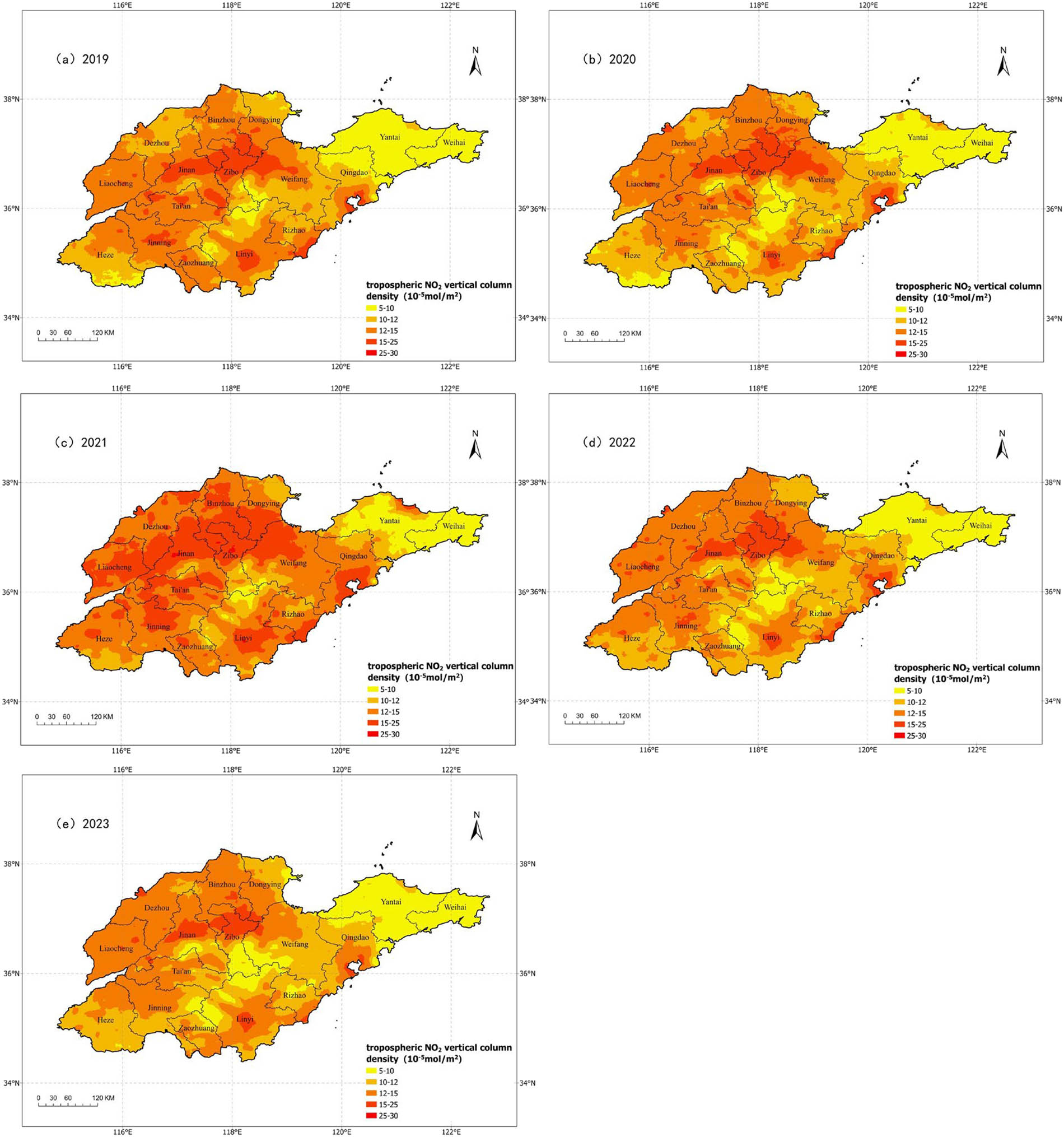 Figure 4 
                     Spatial distribution of the NO2 column concentration in Shandong Province in (a) 2019, (b) 2020, (c) 2021, (d) 2022, and (e) 2023.
                  