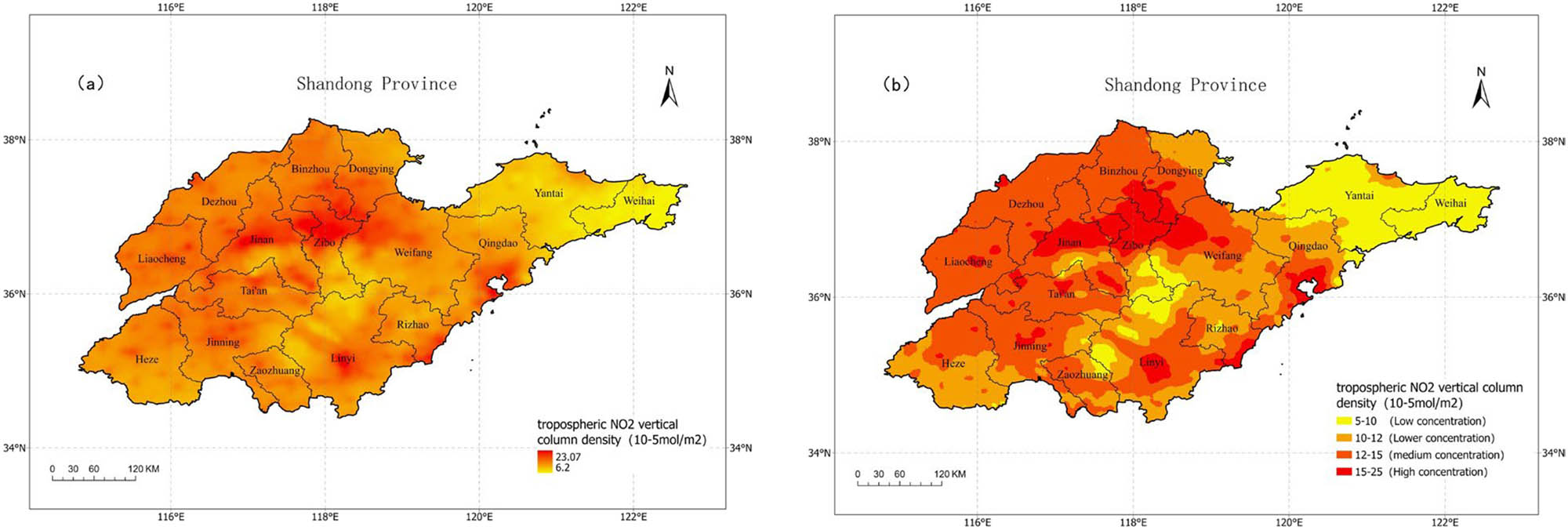 Figure 6 
                     (a) Spatial distribution and (b) hierarchical structure of the NO2 column concentration in Shandong Province from 2019 to 2023.
                  