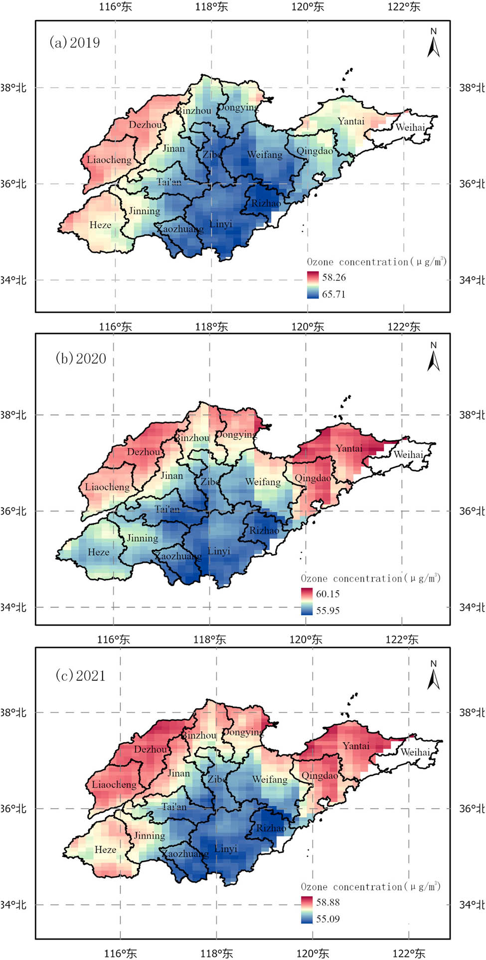 Figure 9 
                     Spatial distribution of the O3 concentration in Shandong Province from (a) 2019, (b) 2020, and (c) 2021.
                  