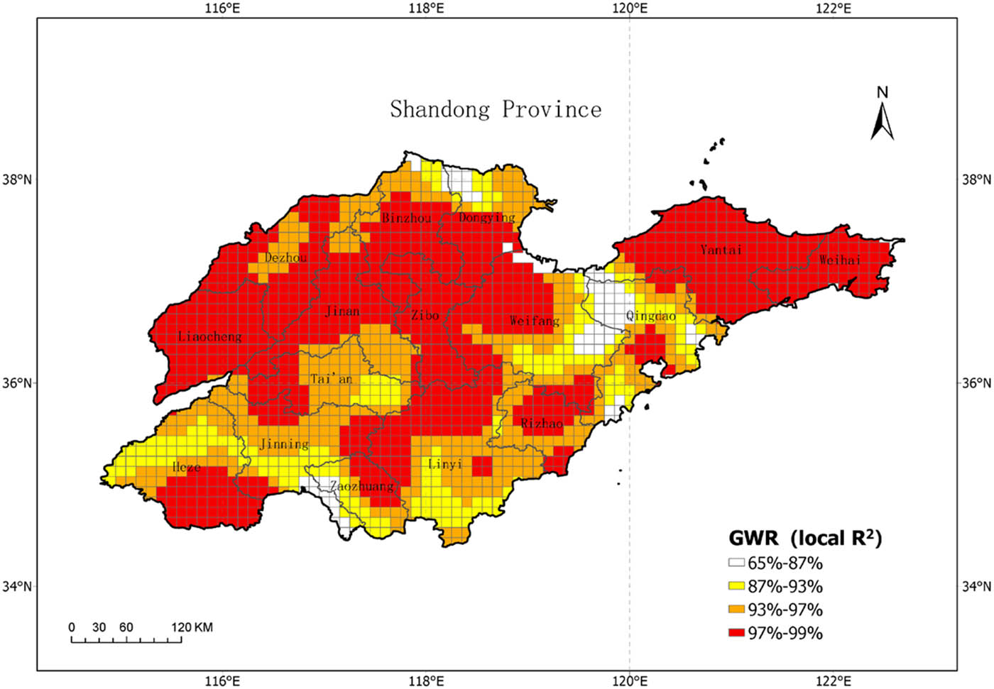 Figure 12 
                  Spatial distribution of the local R
                     2 of the GWR model in Shandong Province.
               