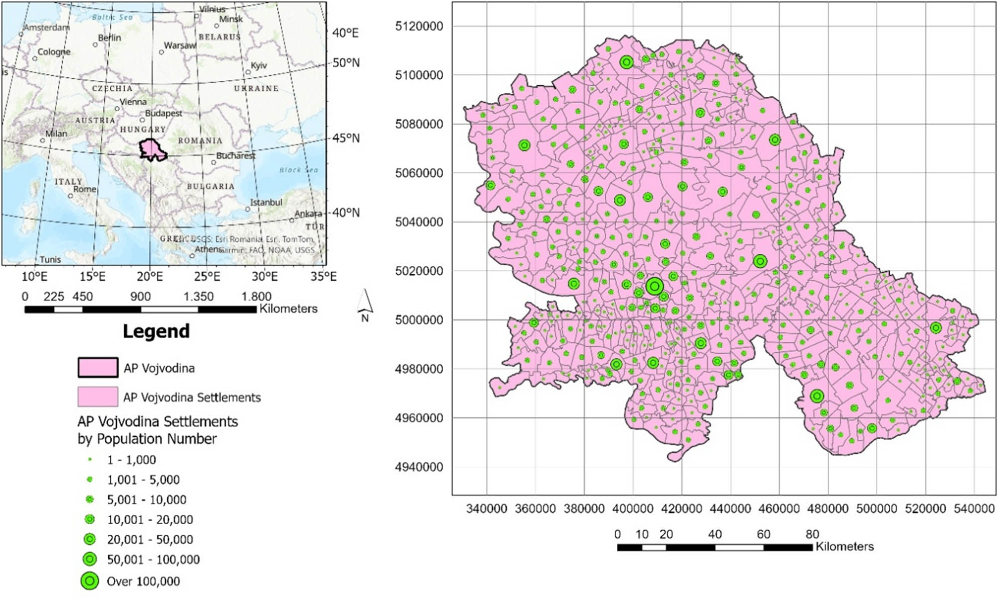 Figure 2
Position of the study area in the South-eastern Europe and settlements by population number.