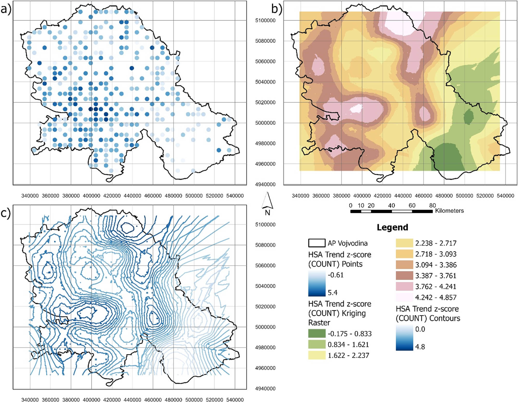Figure 16
Emerging HSA trend z-score (count) presented by: (a) points, (b) Kriging raster, and (c) contours.