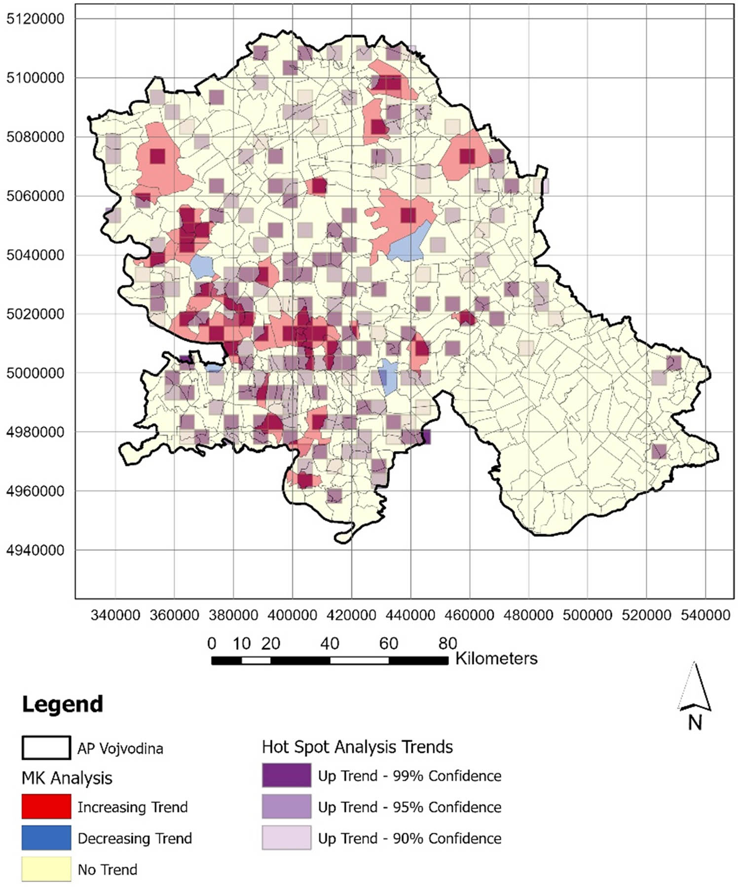 Figure 18
Synthesis map of hypertension cases, overlaying the trends from the MK analysis and calculated trends in HSA.