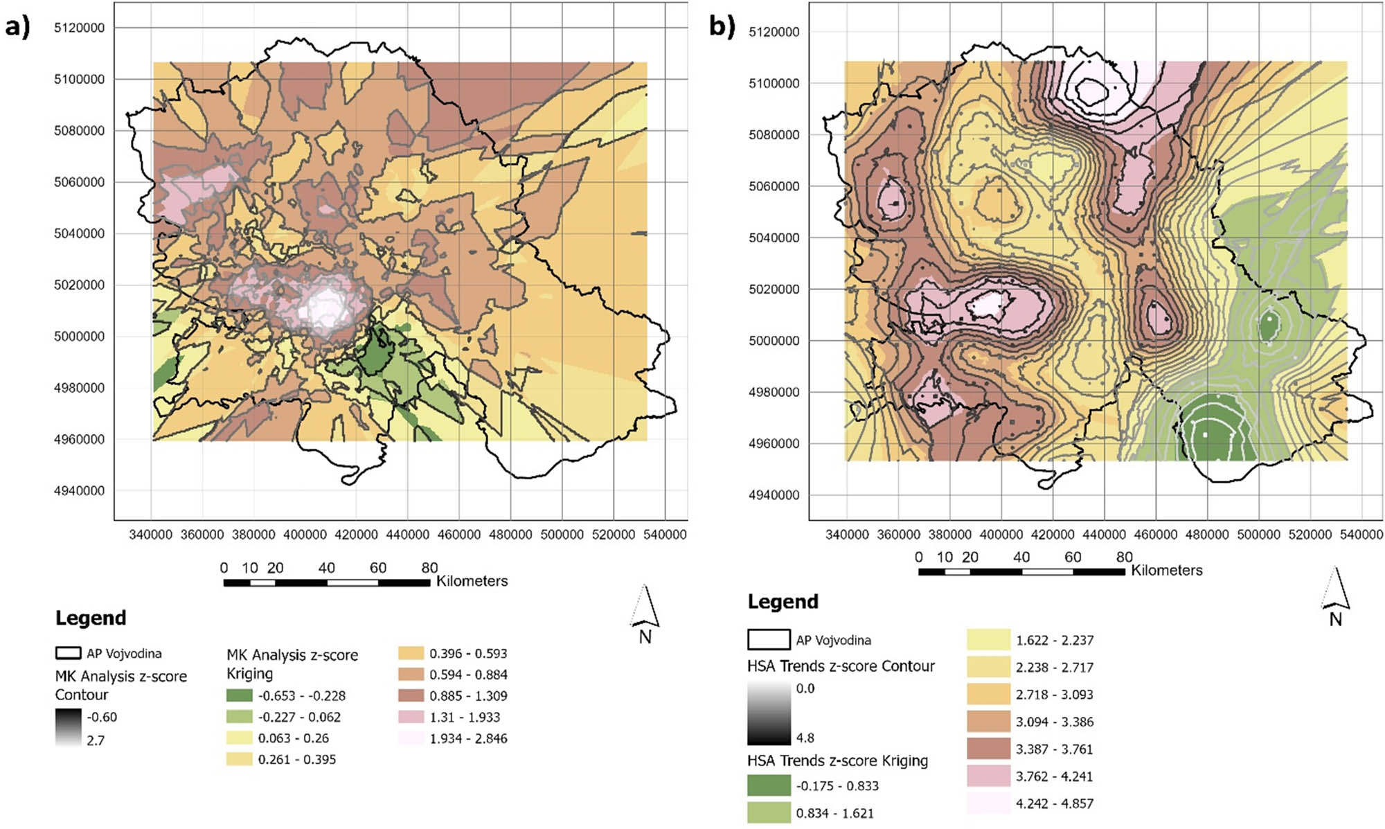Figure 19
z-values of hypertension case trends represented through contours and Kriging raster in: (a) MK analysis and (b) Emerging HSA.
