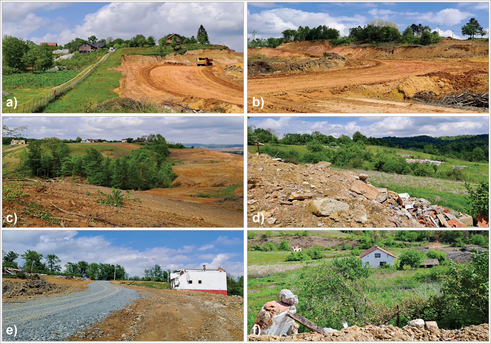 Figure 2 
               Impact of surface exploitation in the area of the Raškovci surface mine on land cover change (a)–(c) and emigration (d)–(f).
            