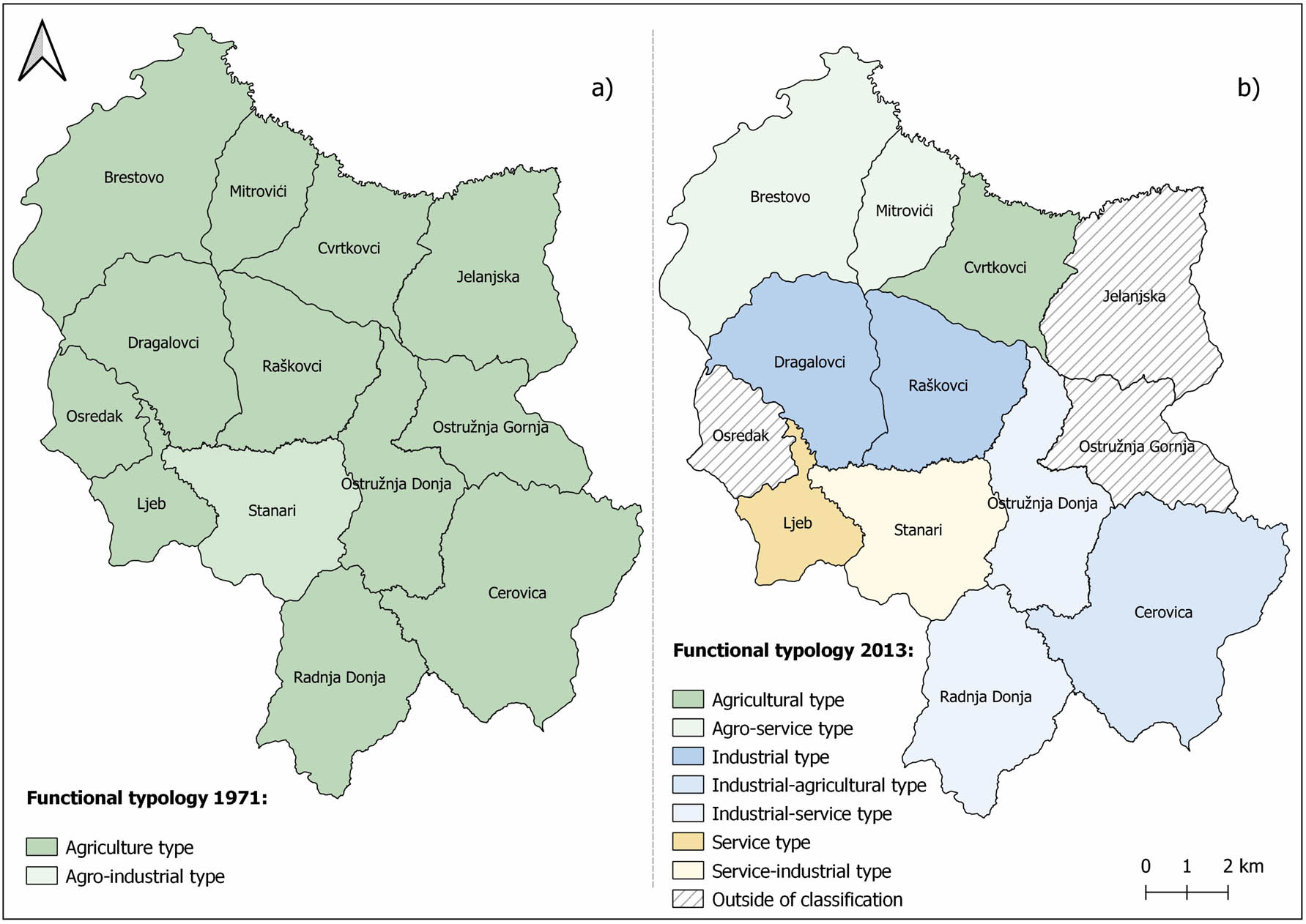 Figure 5 
                  Functional typology of settlements in the municipality of Stanari according to Tošić's methodology from 1999 [37] in 1971 (a) and 2013 (b).
               