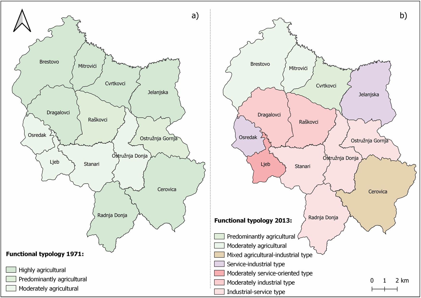 Figure 6 
                  Functional typology of settlements in the municipality of Stanari according to Grčić's methodology from 1999 [23] in 1971 (a) and 2013 (b).
               