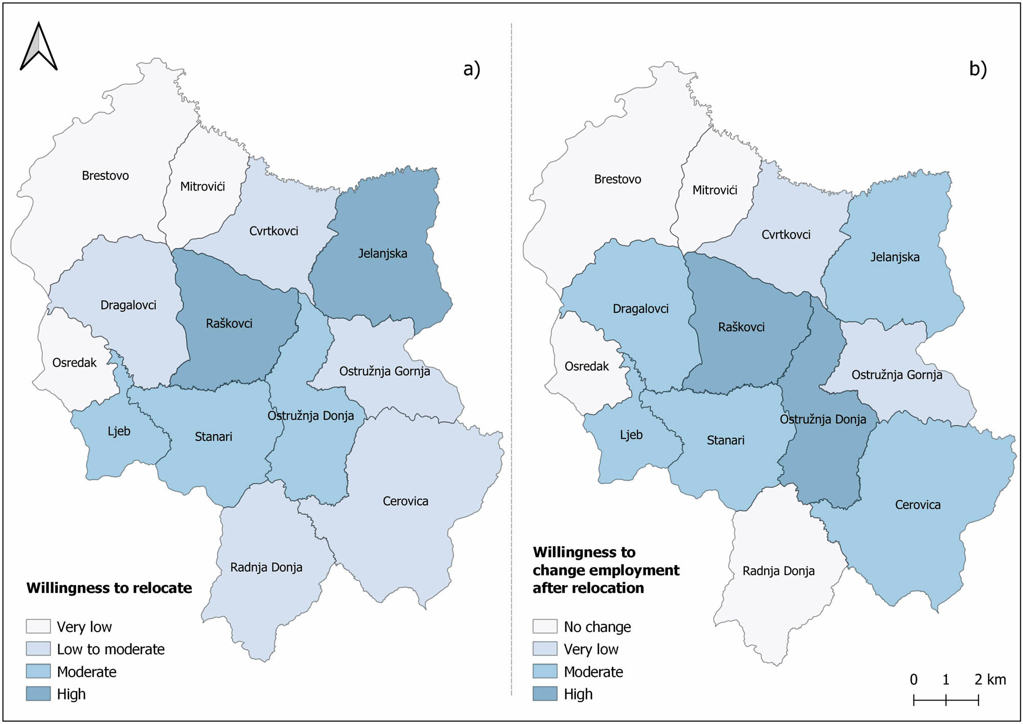 Figure 13 
                  Attitudes of the local population in the settlements of Stanari municipality regarding willingness to relocate (a) and change employment (b).
               