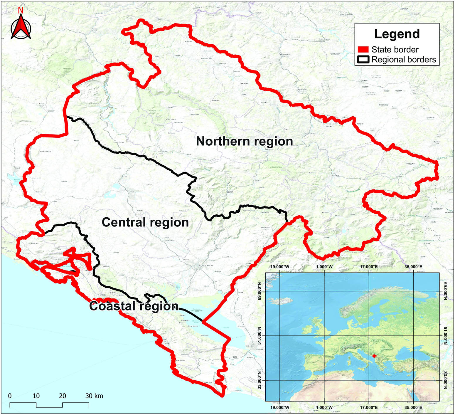 Figure 1 
                  The location of Montenegro and the position of the regions (source: base map taken from https://www.arcgis.com/home/webmap/viewer.html?layers=10df2279f9684e4a9f6a7f08febac2a9, edited by the author in ArcGis).
               