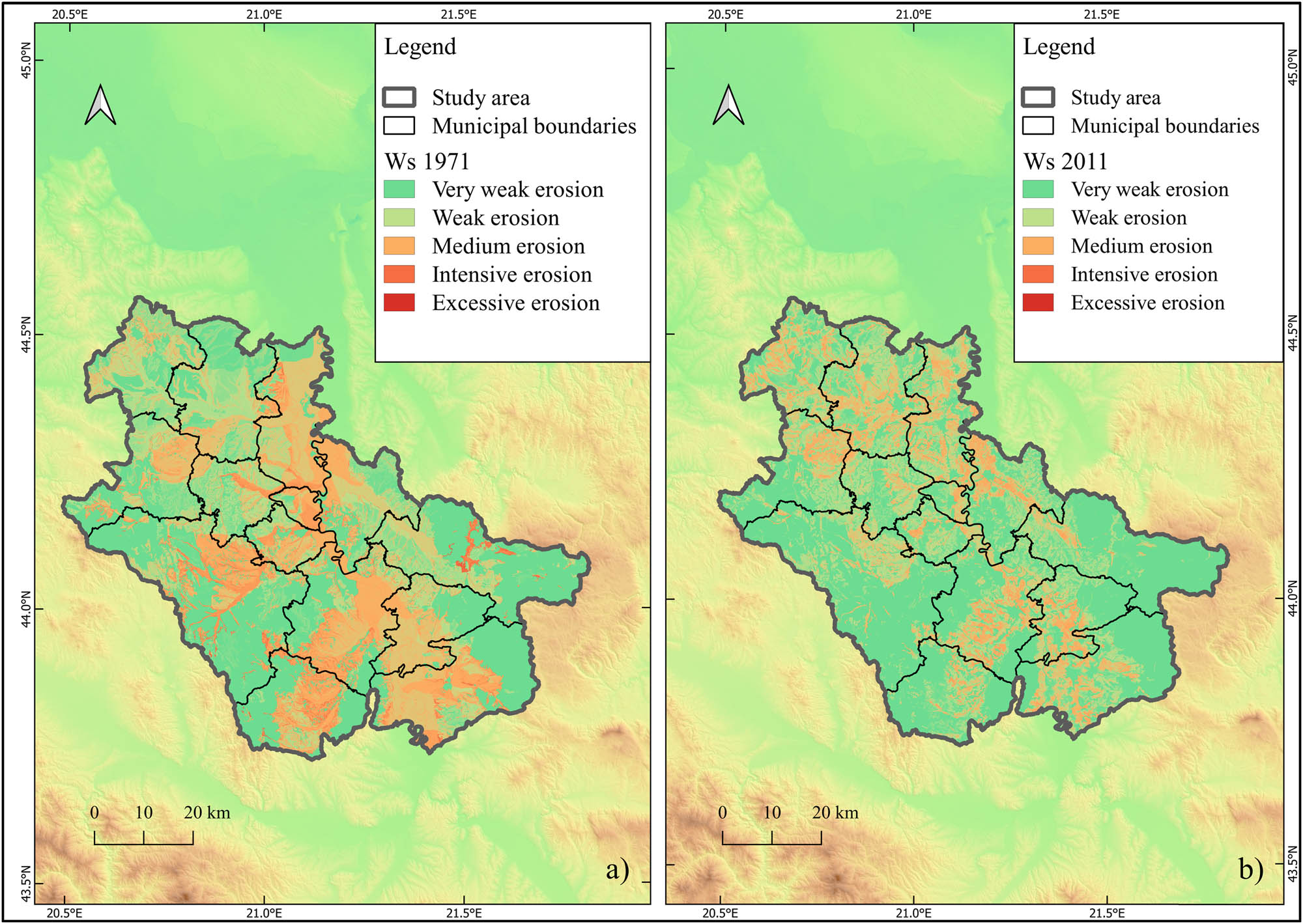 Figure 2
Map of specific annual gross erosion (Ws) in 1971 (a) and 2011 (b). Legend: Very weak erosion – category V (0–400 m3/km2/year); weak erosion – category IV (400–800 m3/km2/year); medium erosion – category III (800–1,200 m3/km2/year); intensive erosion – category II (1,200–3,000 m3/km2/year); excessive erosion – category I (>3,000 m3/km2/year).