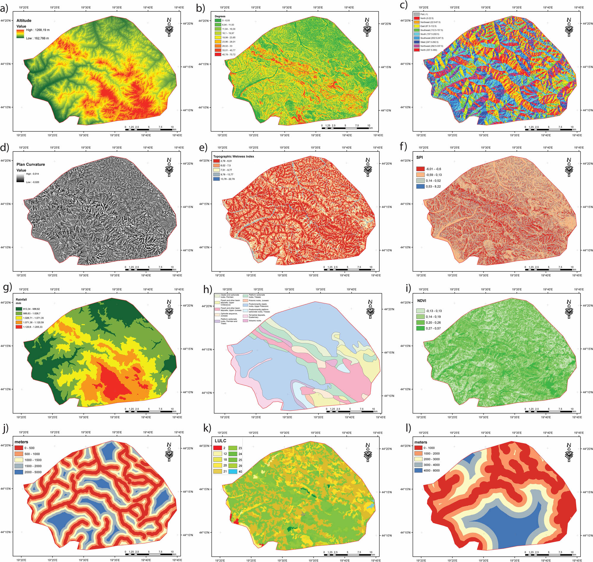 Figure 3 
                  Conditioning factors related to flash floods: (a) the elevation; (b) the slope; (c) the aspect; (d) plan curvature; (e) the TWI; (f) the SPI; (g) the rainfall; (h) lithology; (i) NDVI; (j) distance to streams; (k) land use/cover; and (l) distance to roads.
               