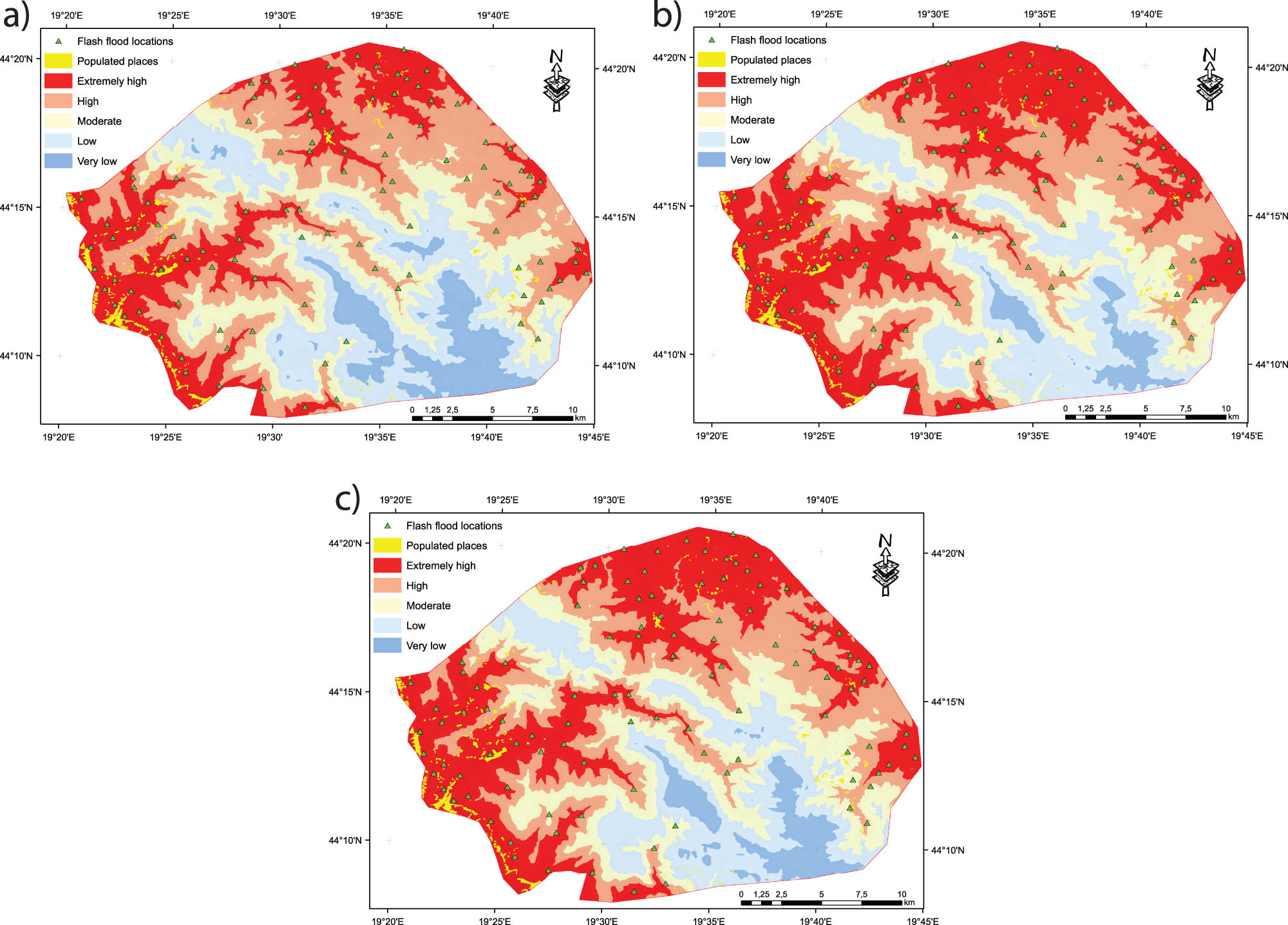 Figure 5 
                  Flash flood susceptibility maps generated using machine learning models: (a) SVM, (b) CART, and (c) RF.
               