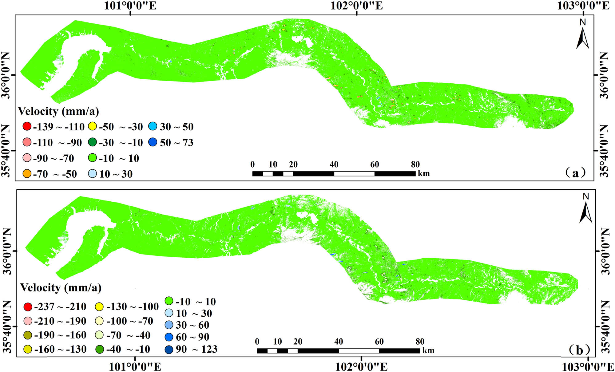 Figure 4
Average annual deformation rate in the study area: (a) displacement rate in the ascending LOS direction and (b) displacement rate in the descending LOS direction.