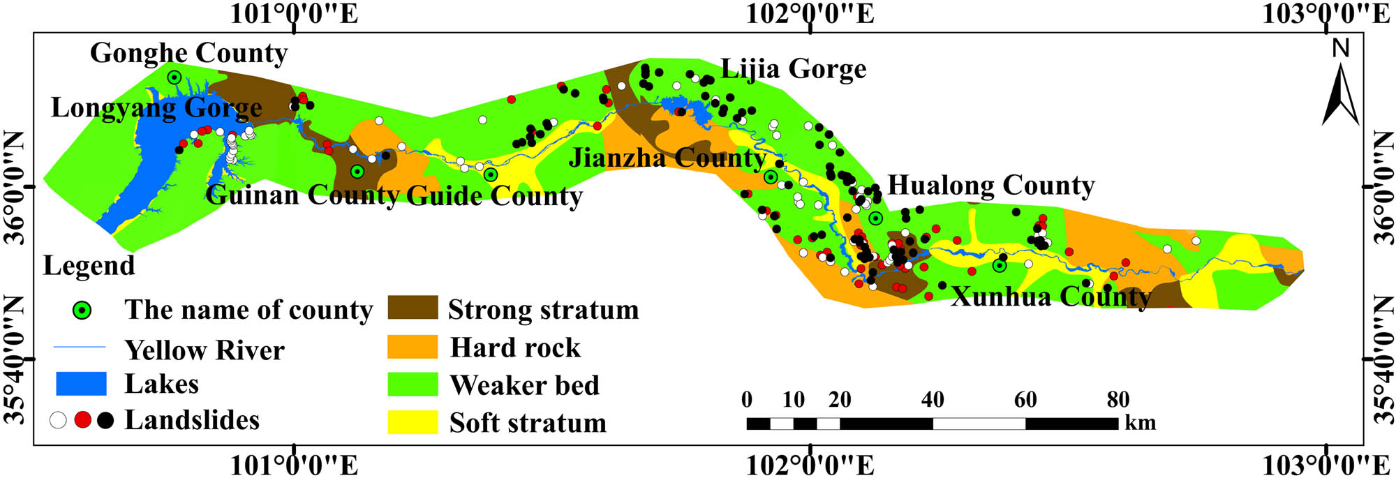 Figure 5
Distribution of potential landslides in different stratigraphic lithologies. The white dots indicate potential landslides identified by InSAR technology integrated with optical remote sensing in the ascending orbit direction; the red dots indicate potential landslides identified by InSAR technology integrated with optical remote sensing in the descending orbit direction; and the black dots indicate potential landslides identified by InSAR technology integrated with optical remote sensing in both ascending and descending directions.