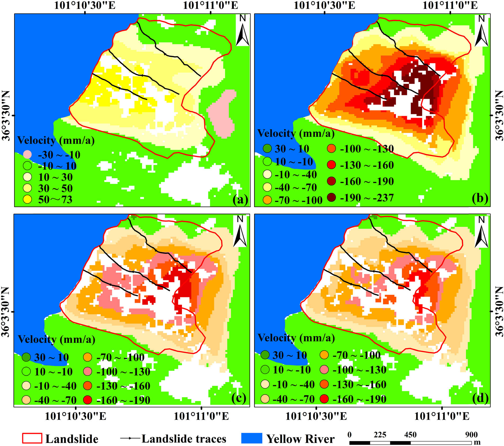 Figure 6
Deformation velocity of the Guobude landslide: (a) annual deformation rate in the ascending LOS direction, (b) annual deformation rate in the descending LOS direction, (c) annual deformation rate in the east–west direction, and (d) annual deformation rate in the vertical direction.