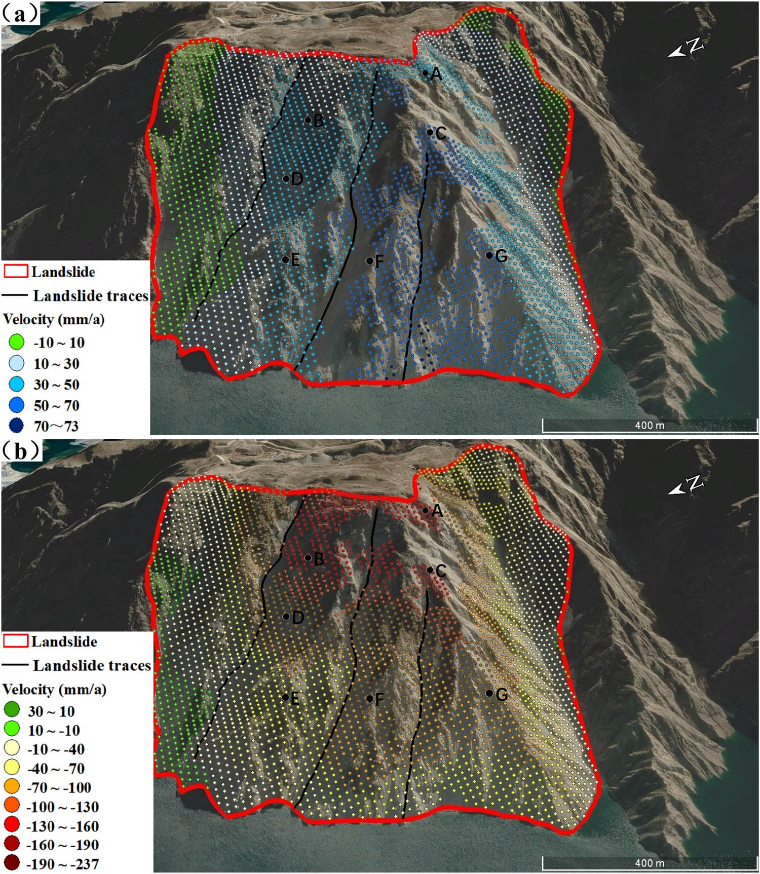 Figure 7
The annual average LOS deformation rate of the Guobude landslide: (a) ascending direction and (b) descending direction.
