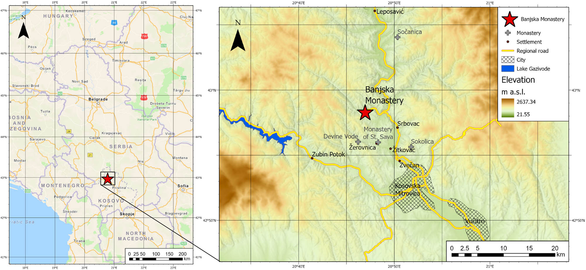 Figure 2 
                  The location of the Banjska Monastery in Serbia and local setting [38] (modification).
               
