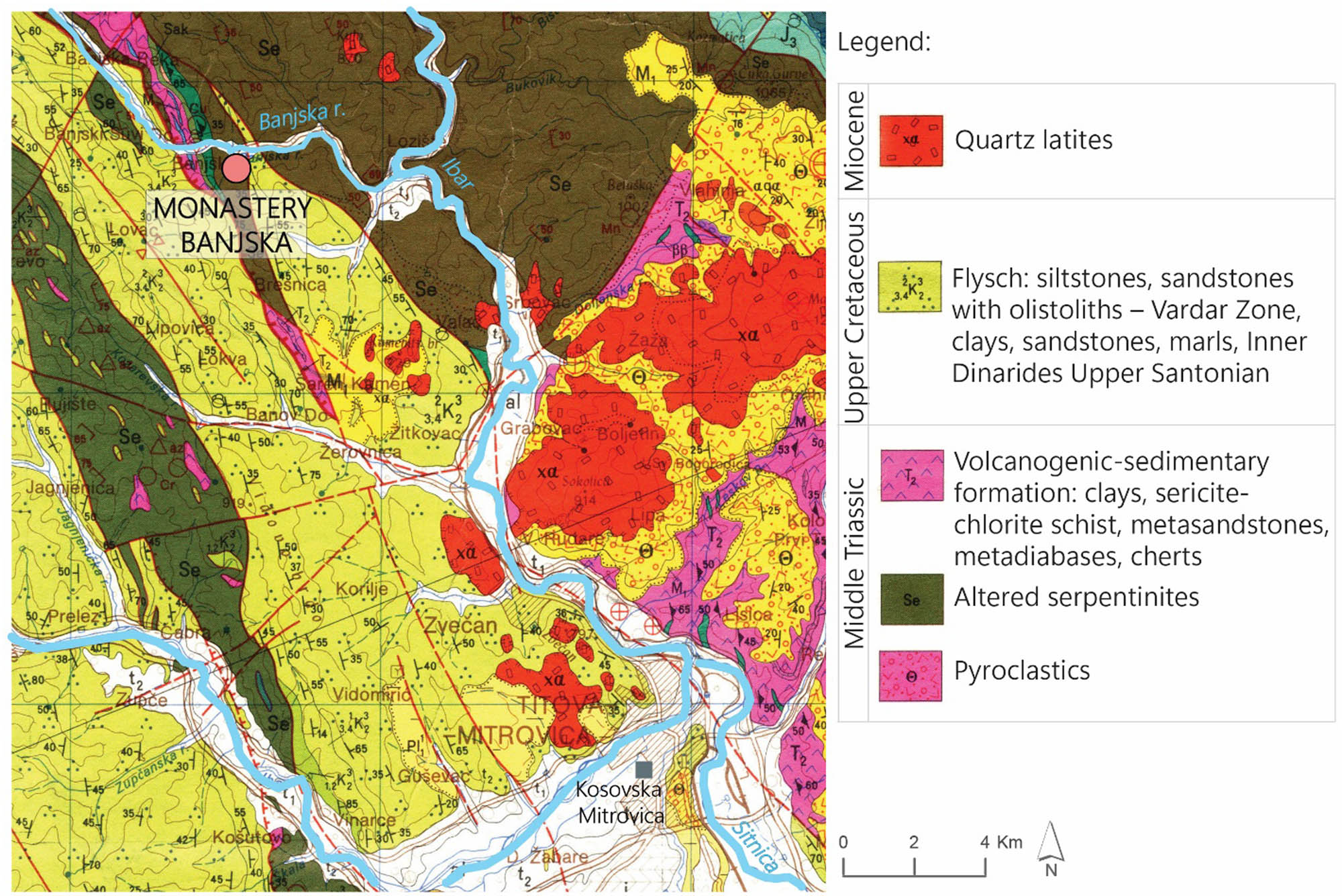 Figure 3 
                  Geological setting of the same area as in Figure 2. Monastery is presented with the red circle, and settlements are presented with the grey squares (modified after General Geological Map of SFRY, sheet Titova Mitrovica 34-42 [60]).
               