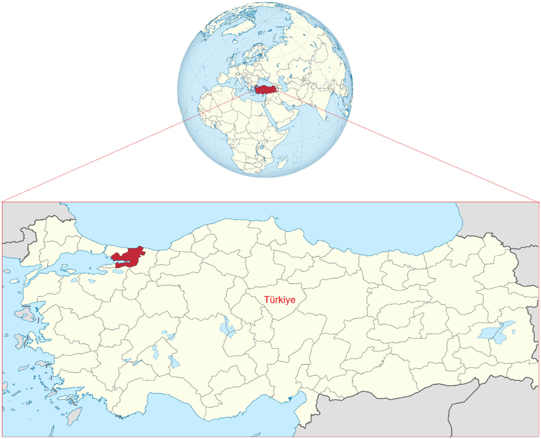 Figure 1
Location of the sampling site: Türkiye is highlighted on the globe (upper inset), and the enlarged map shows Kocaeli Province shaded in red (lower panel).