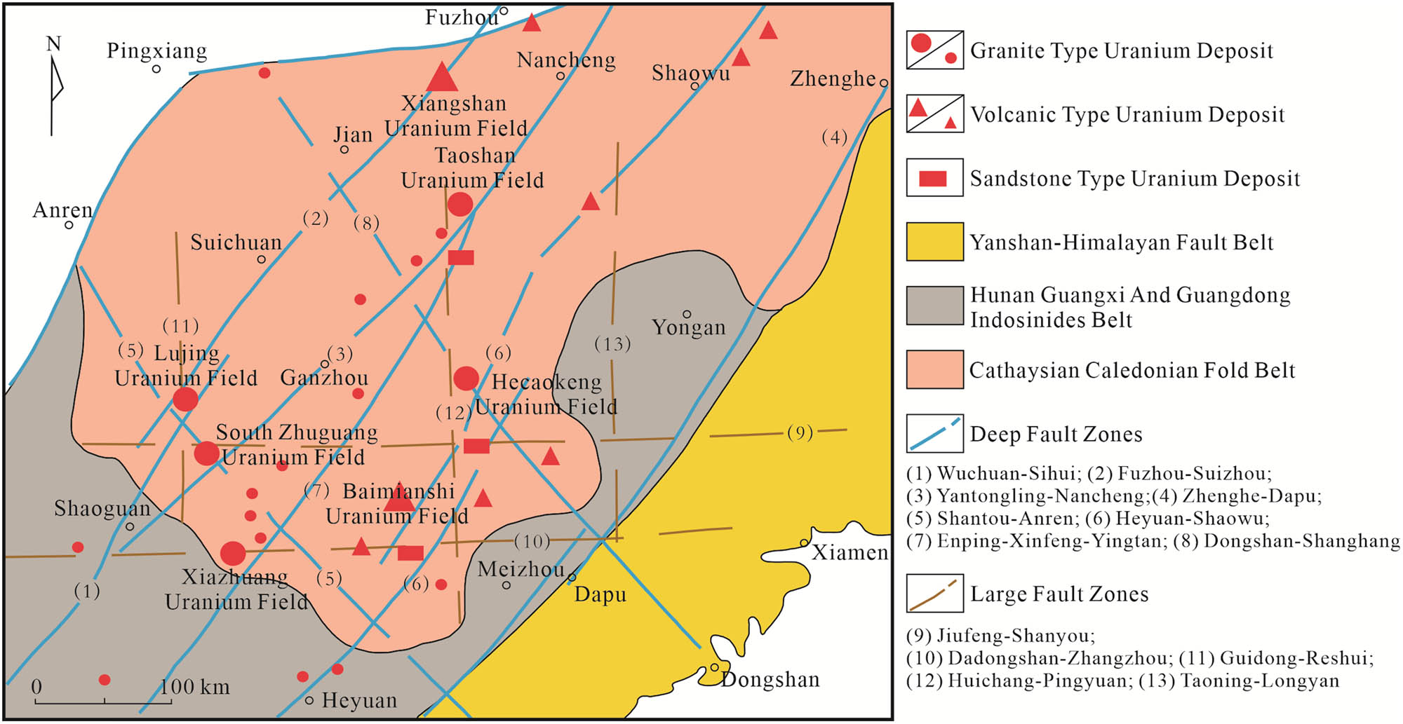 Figure 2 
               Geotectonic units, deep faults, and uranium distribution in the southern adjacent area [52].
            