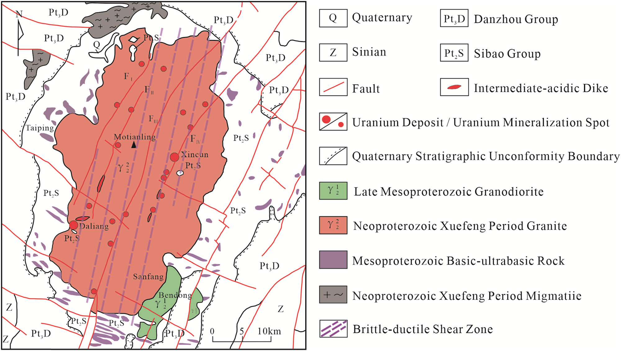 Figure 3 
                  Geological schematic map of the Motianling area in Northern Guangxi [32].
               