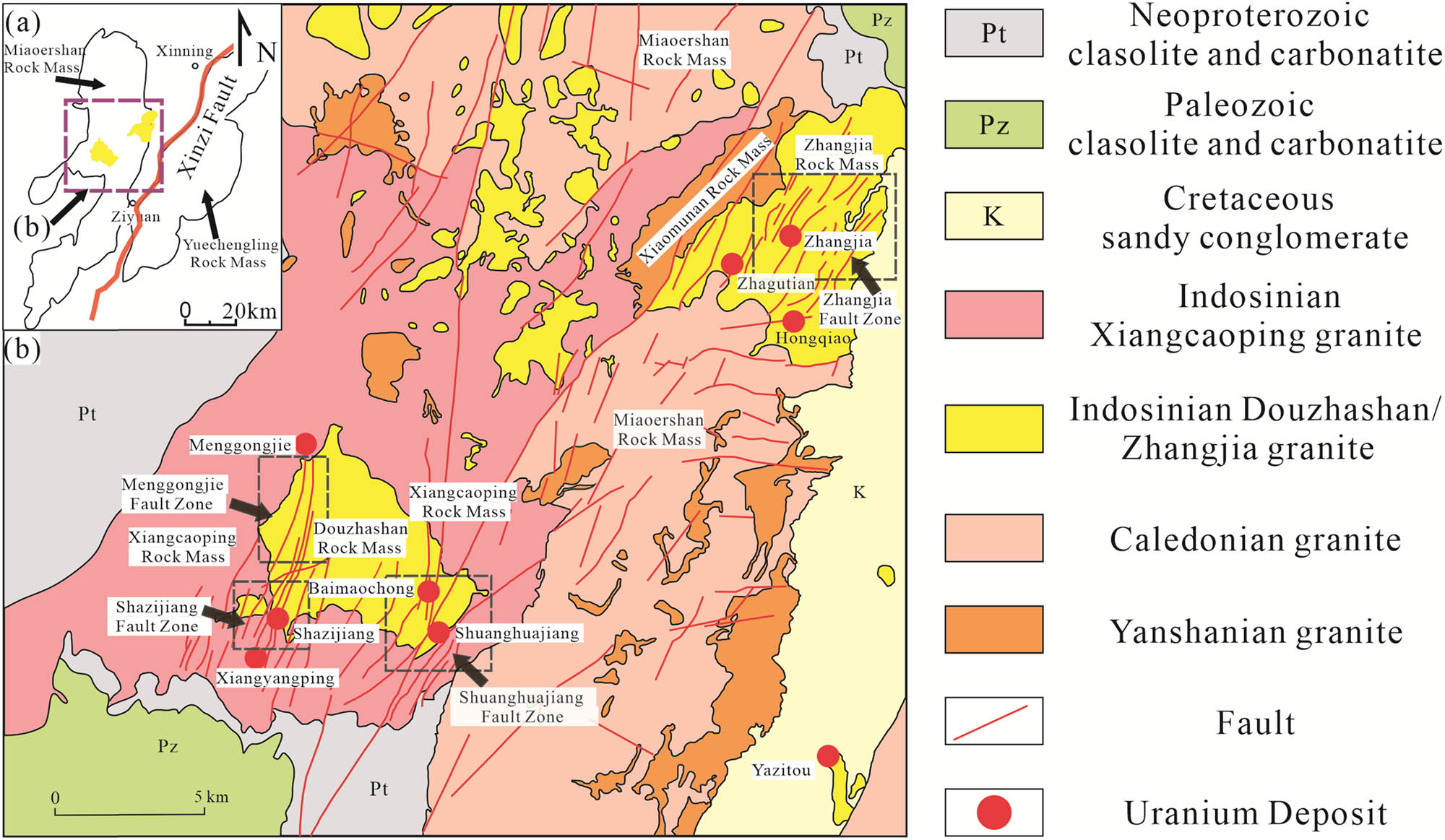 Figure 5 
                  Geological setting of the Miaoershan uranium district. Subfigure Clarification Label (a) belongs to Figure 1 (b) [65,66].
               