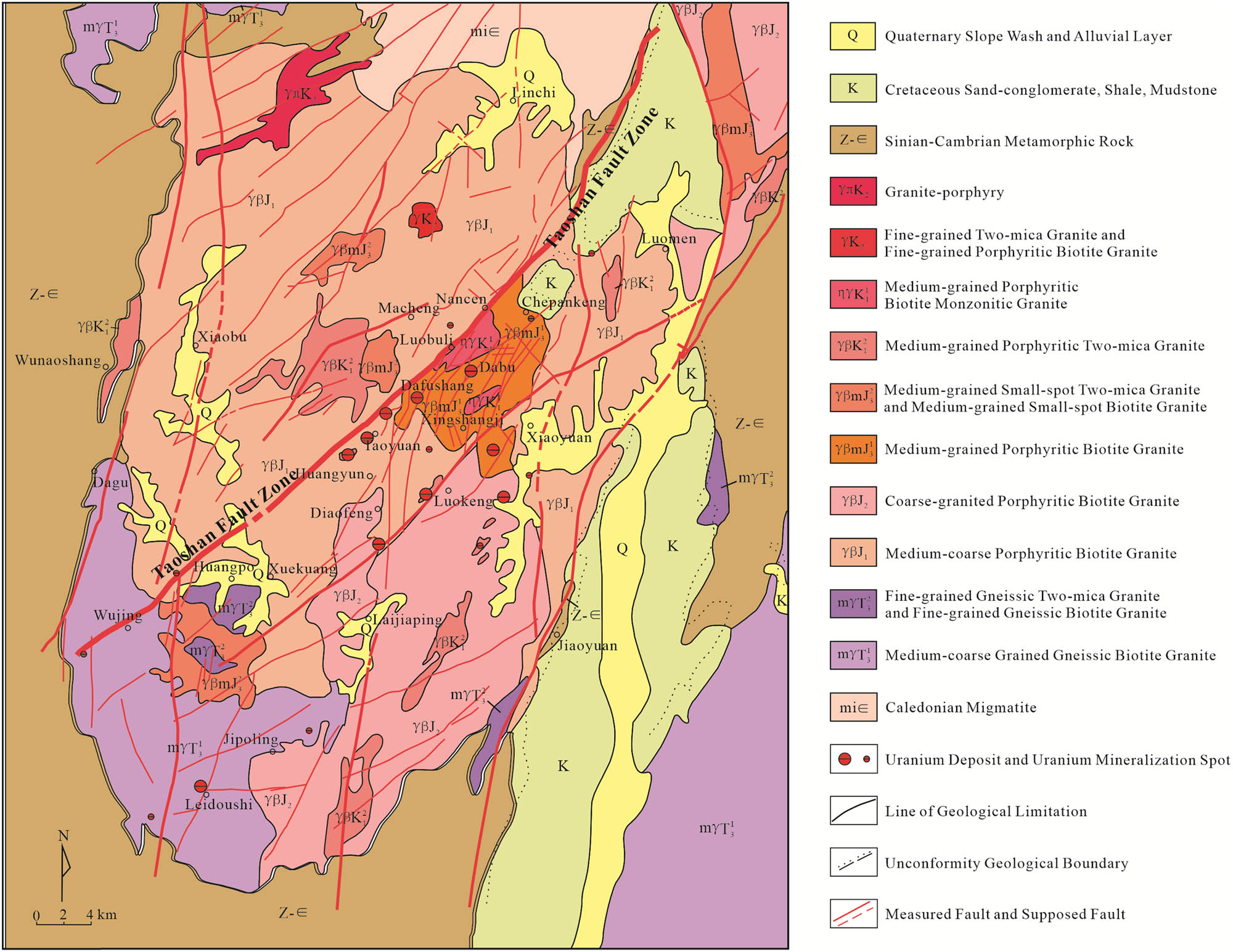 Figure 7 
                  Geological schematic map of the Taoshan uranium field [70].
               