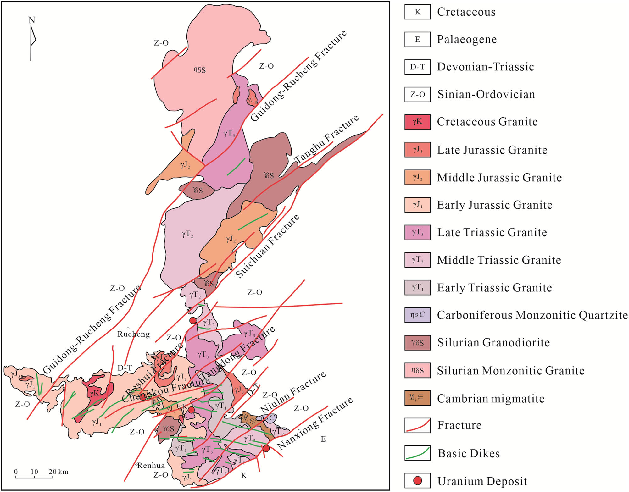 Figure 9 
                  Geological schematic map of Zhuguangshan rock mass [72,73].
               