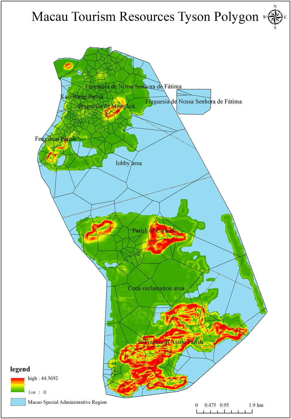 Figure 6 
                  Thiessen polygons of Macao’s tourism resources.
               