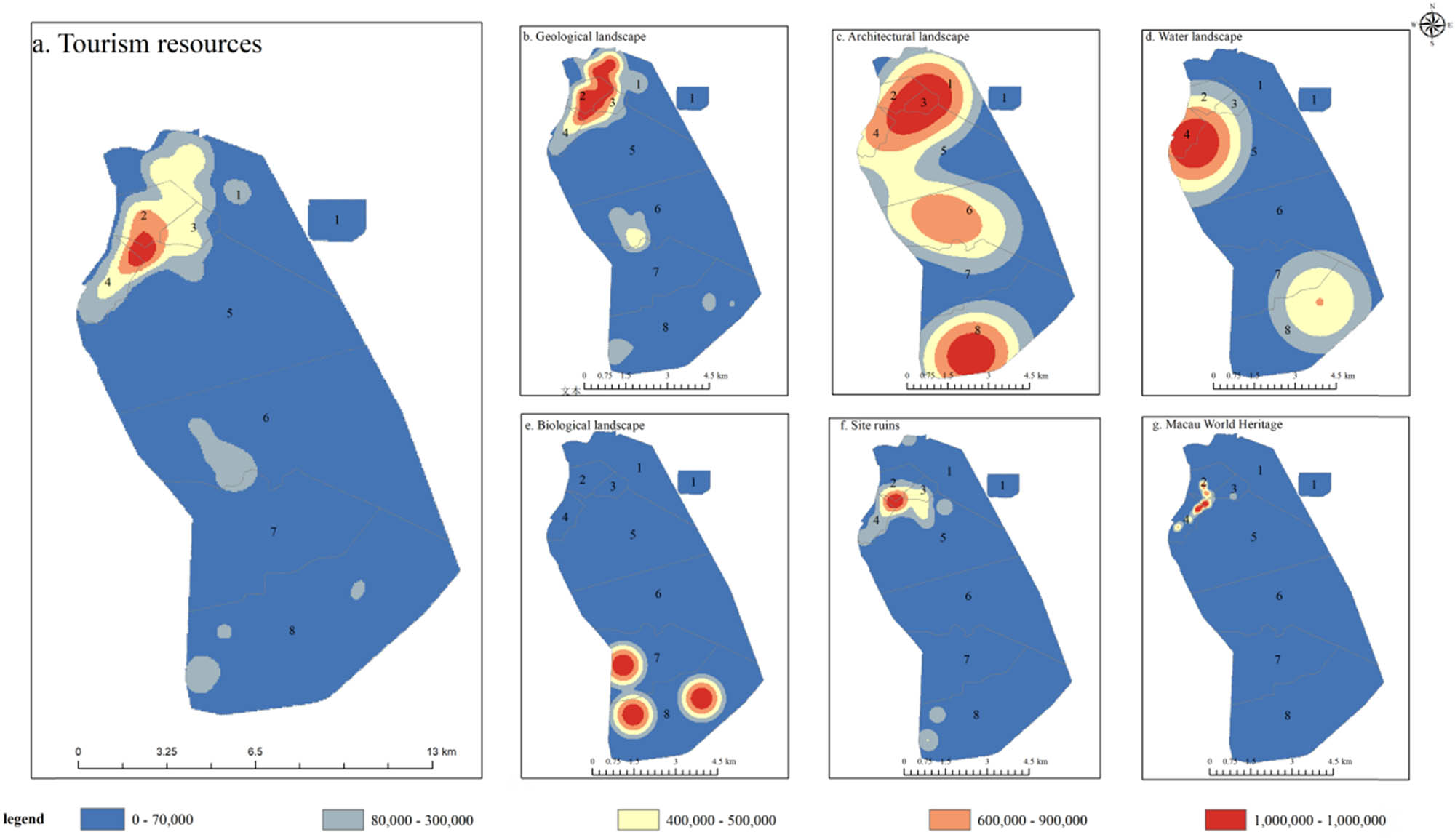 Figure 7 
                  Comparative analysis of kernel density for Macao’s World Heritage sites and tourist attractions: (a) Tourism resource, (b) geological landscape, (c) architectural landscape, (d) water landscape, (e) biological landscape, (f) site ruins, and (g) Macau World Heritage.
               