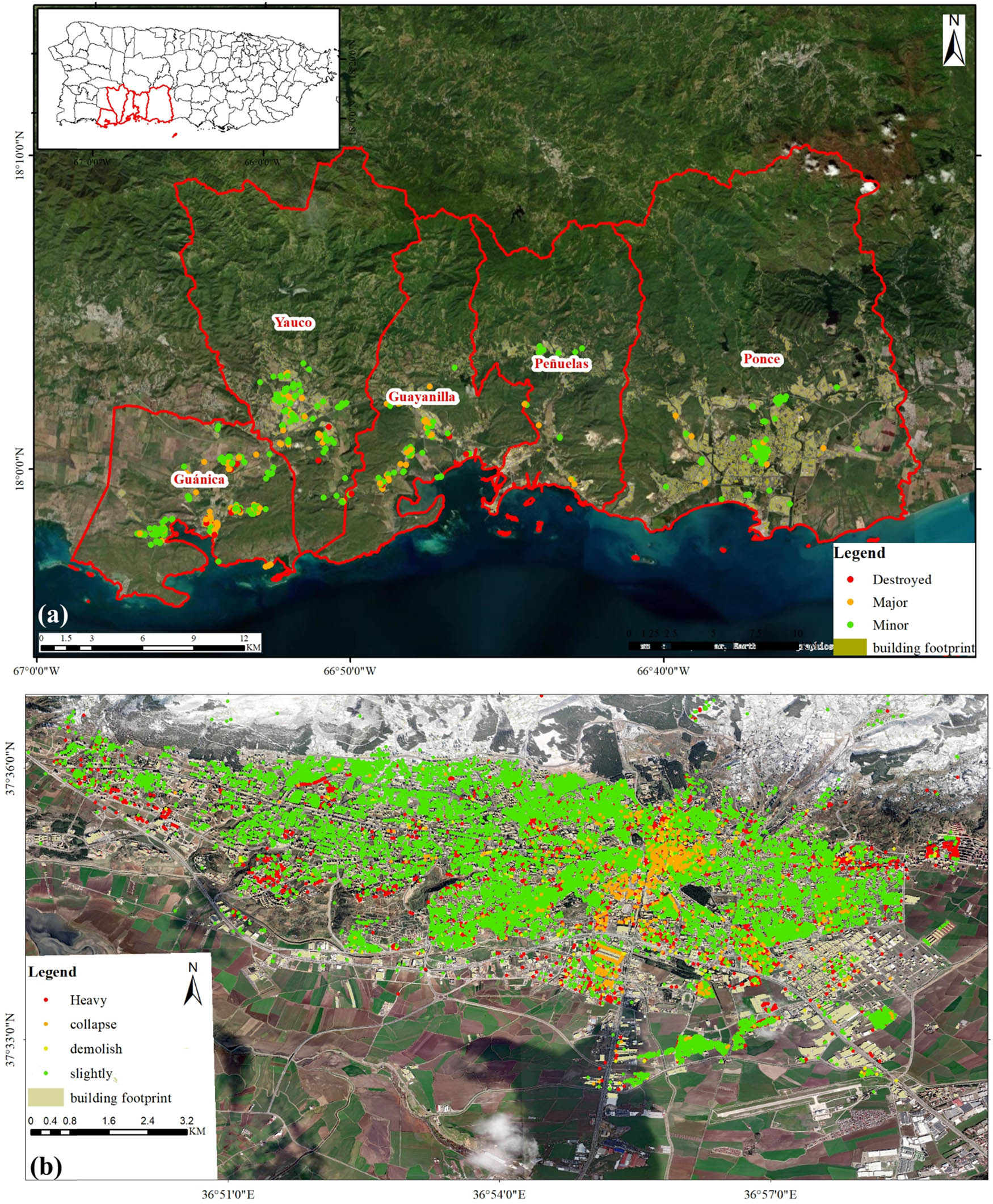 Figure 1 
                     Study area and the building damage field survey results. (a), study area and field survey results for the Puerto Rico earthquake, and (b), study area and field survey results for the Turkey earthquake. The red polygons in (a) indicate the administration boundaries of the Guanica, Yauco, Guayanilla, Penuelas, and Ponce provinces.
                  