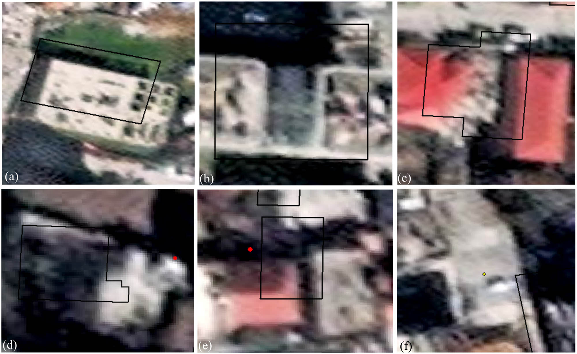 Figure 5 
                  Spatial inconsistency between the building footprint, field survey points, and actual building position. (a)–(c) The spatial inconsistency between the building footprint and actual building position, and (d)–(f) the spatial inconsistency between the field survey points and actual building position. The black polygons are the building footprints, and the points are the field survey locations.
               
