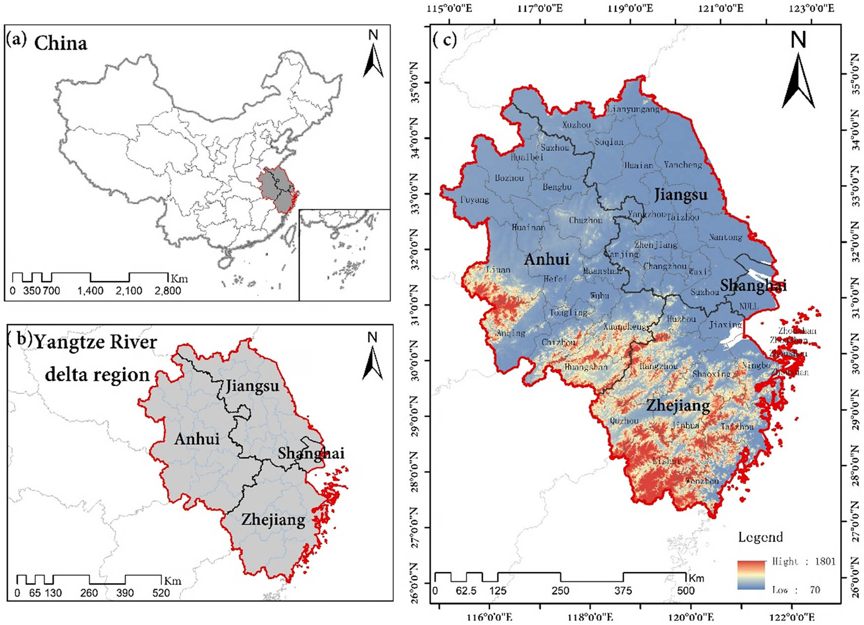 Figure 1
Geographic location of YRD City. (a) Administrative regions of China; (b) provincial administrative units in the Yangtze River Delta; and (c) study the municipal-level units and basic geographical features of the research area.