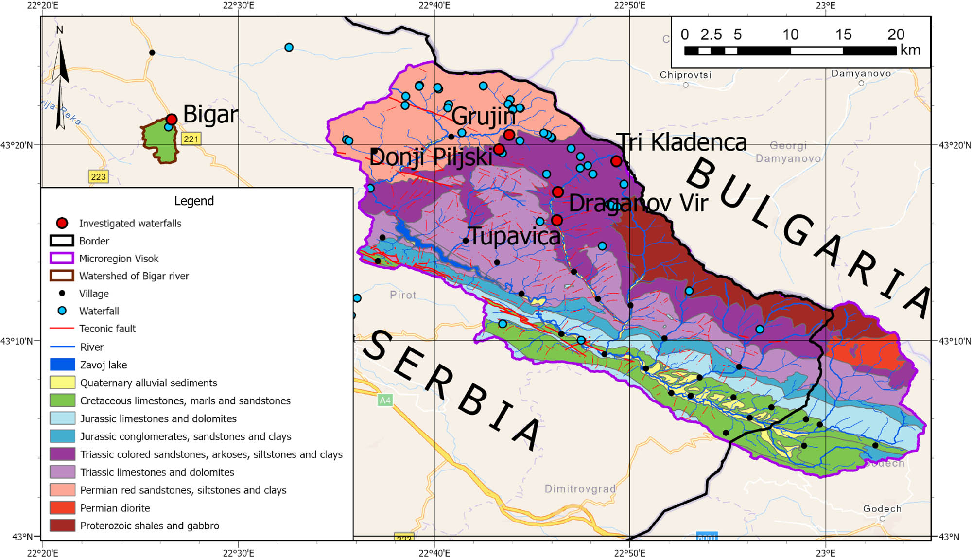 Figure 3 
                  Geological map showing the bedrock beneath the sites of the waterfalls studied.
               
