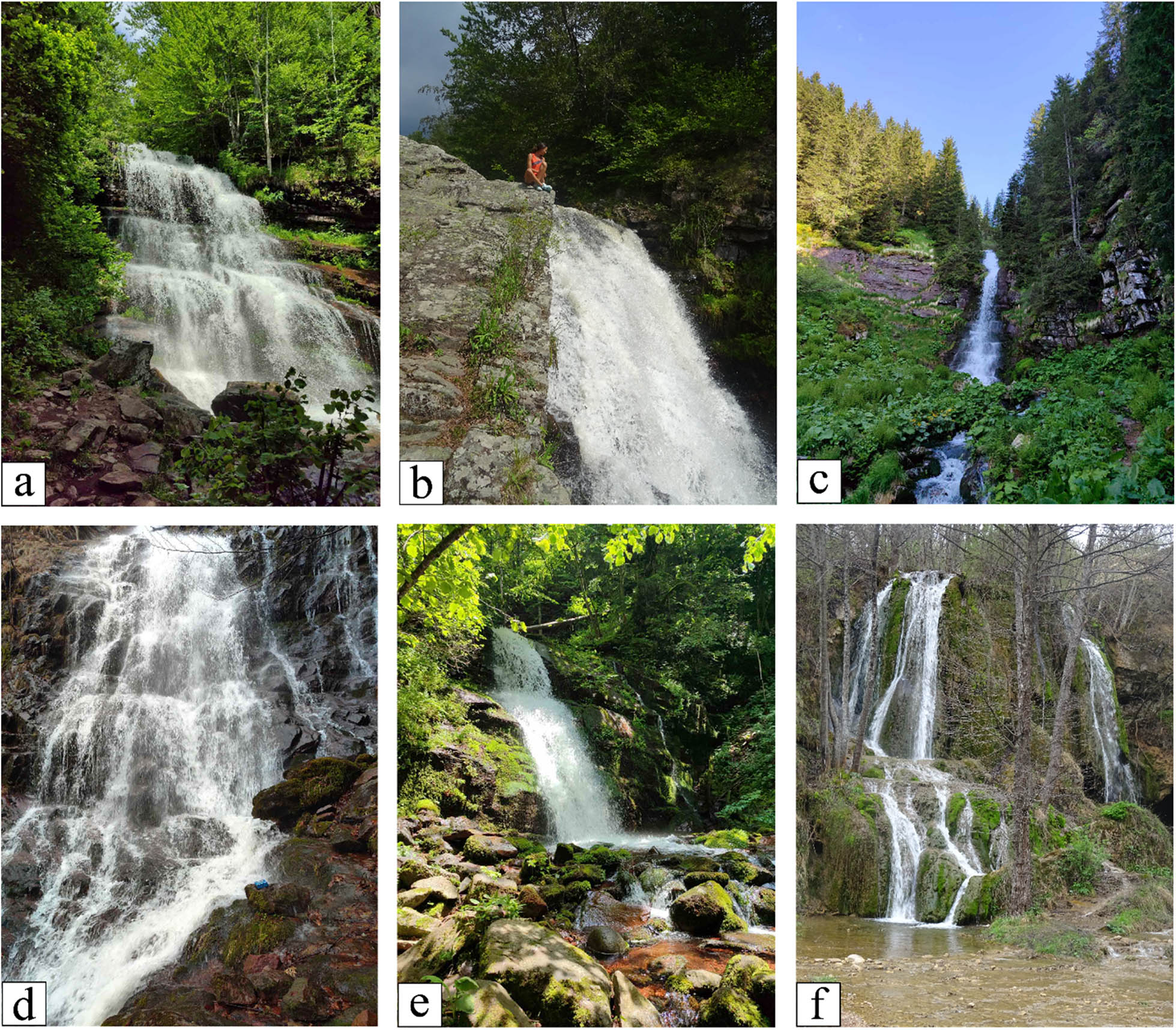 Figure 4 
                  Photos of investigated waterfalls: (a) Tupavica; (b) Draganov Vir; (c) Tri Kladenca; (d) Donji Piljski; (e) Grujin; and (f) Bigar.
               