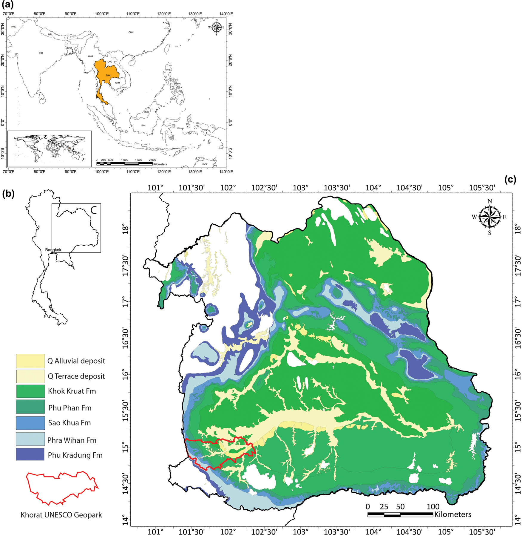 Figure 1
Maps of the study area. (a) Location of Thailand within Southeast Asia. (b) Regional setting showing the position of panel C. (c) Geological map of the Khorat Plateau with the boundary of the Khorat UNESCO Global Geopark.