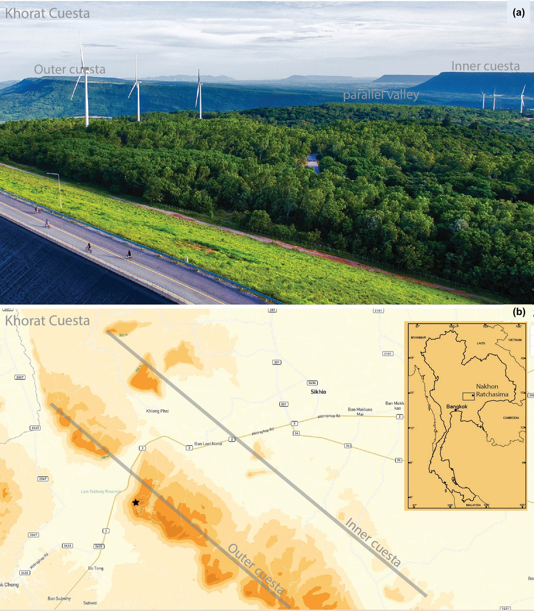 Figure 2
Double cuesta and strike valley of the Khorat Cuesta. (a) View from the Khao Yai Thieng viewpoint on the outer cuesta (solid star), looking north. (b) Map showing the trends of sandstone ridges and the strike valley.