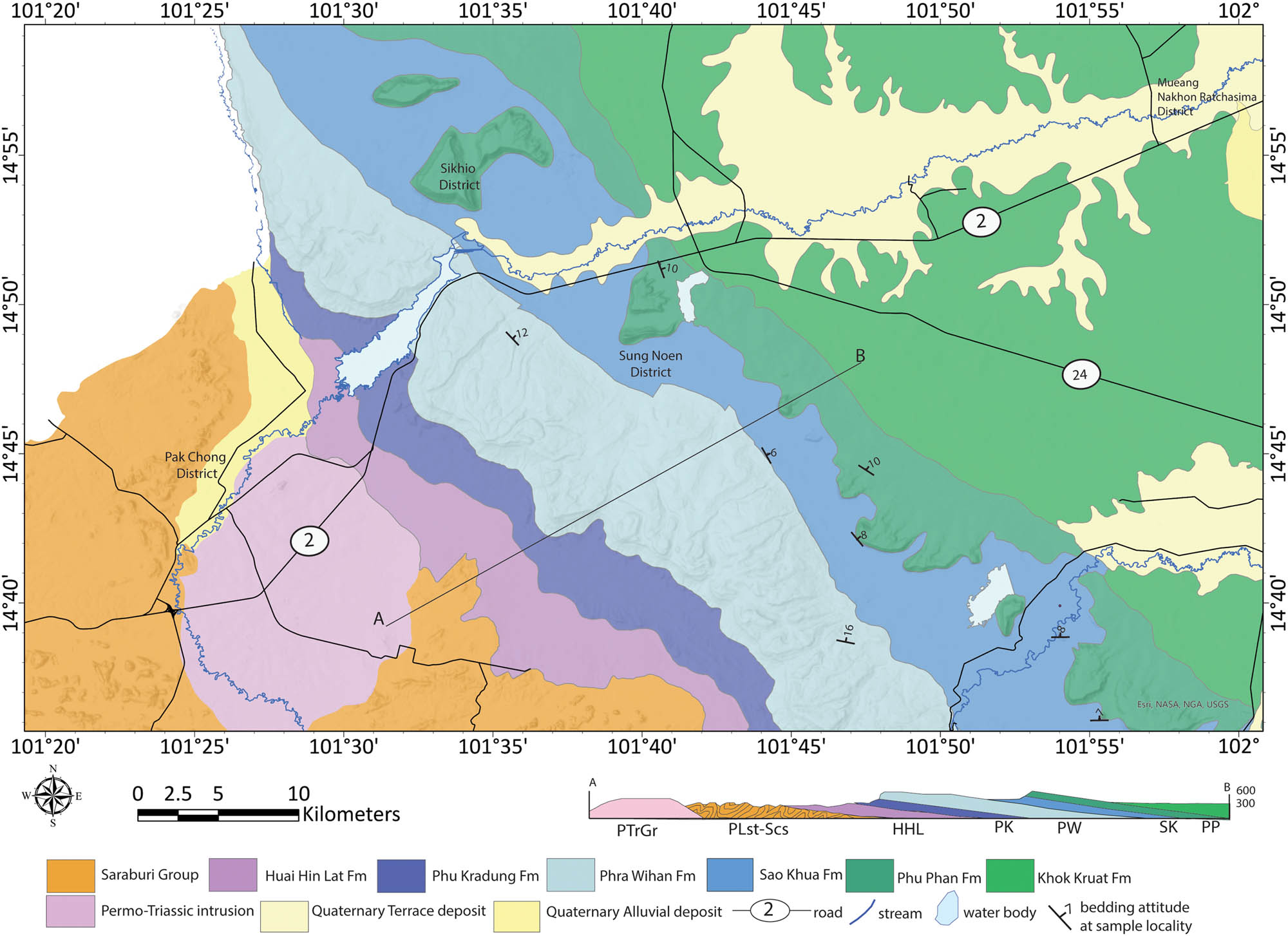 Figure 3
Geological map of the study area showing sampling localities and average bedding orientations.