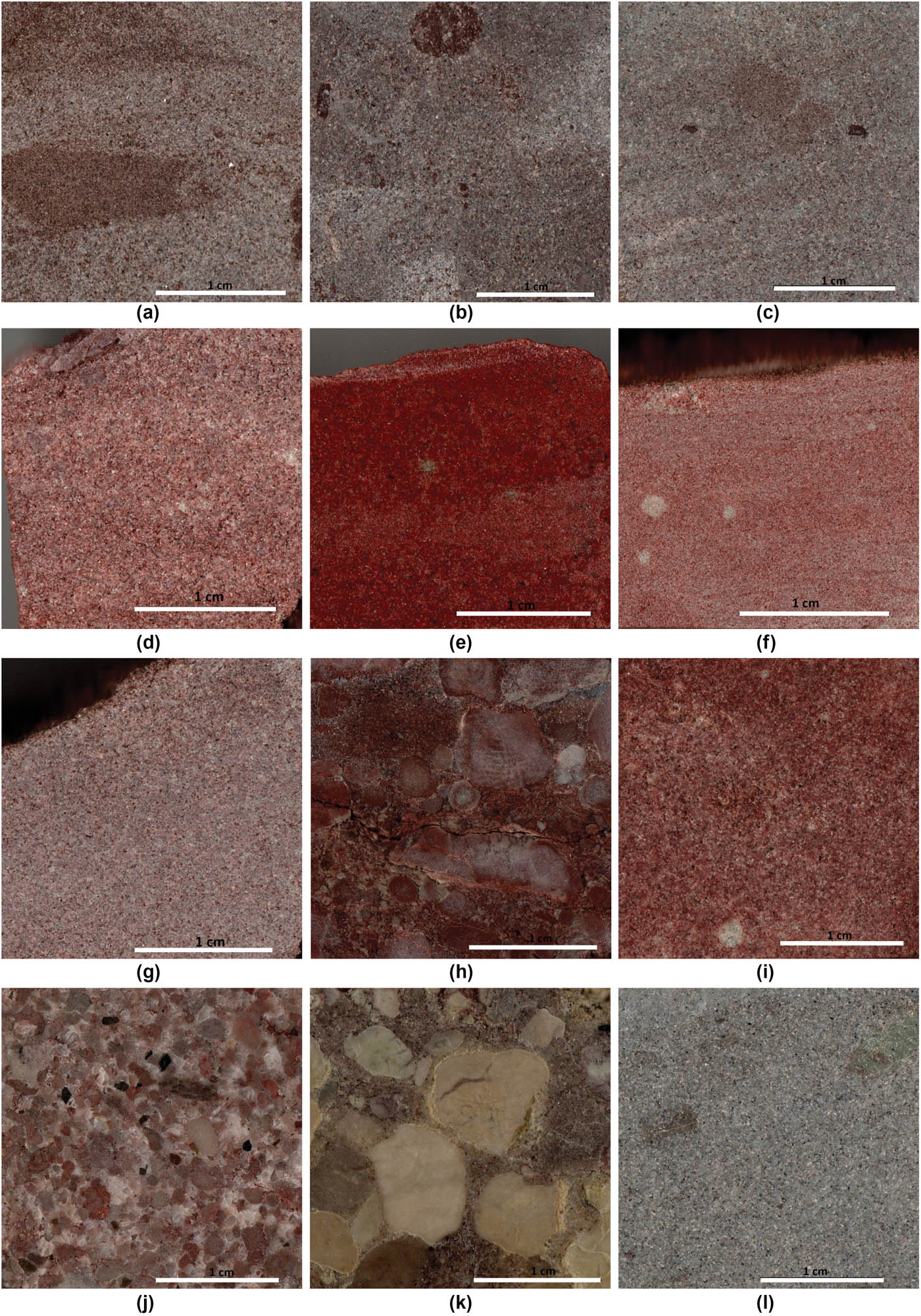 Figure 6
Polished slabs of the Sao Khua samples. Scale bars = 1 cm. (a) 19SK01, (b) 19SK02, (c) 19SK03, (d) 19SK04, (e) 19SK05, (f) 19SK06, (g) 19SK07, (h) 19TY01, (i) 19TY02, (j) 19TY03, (k) 19TY04, (l) 19TY05.