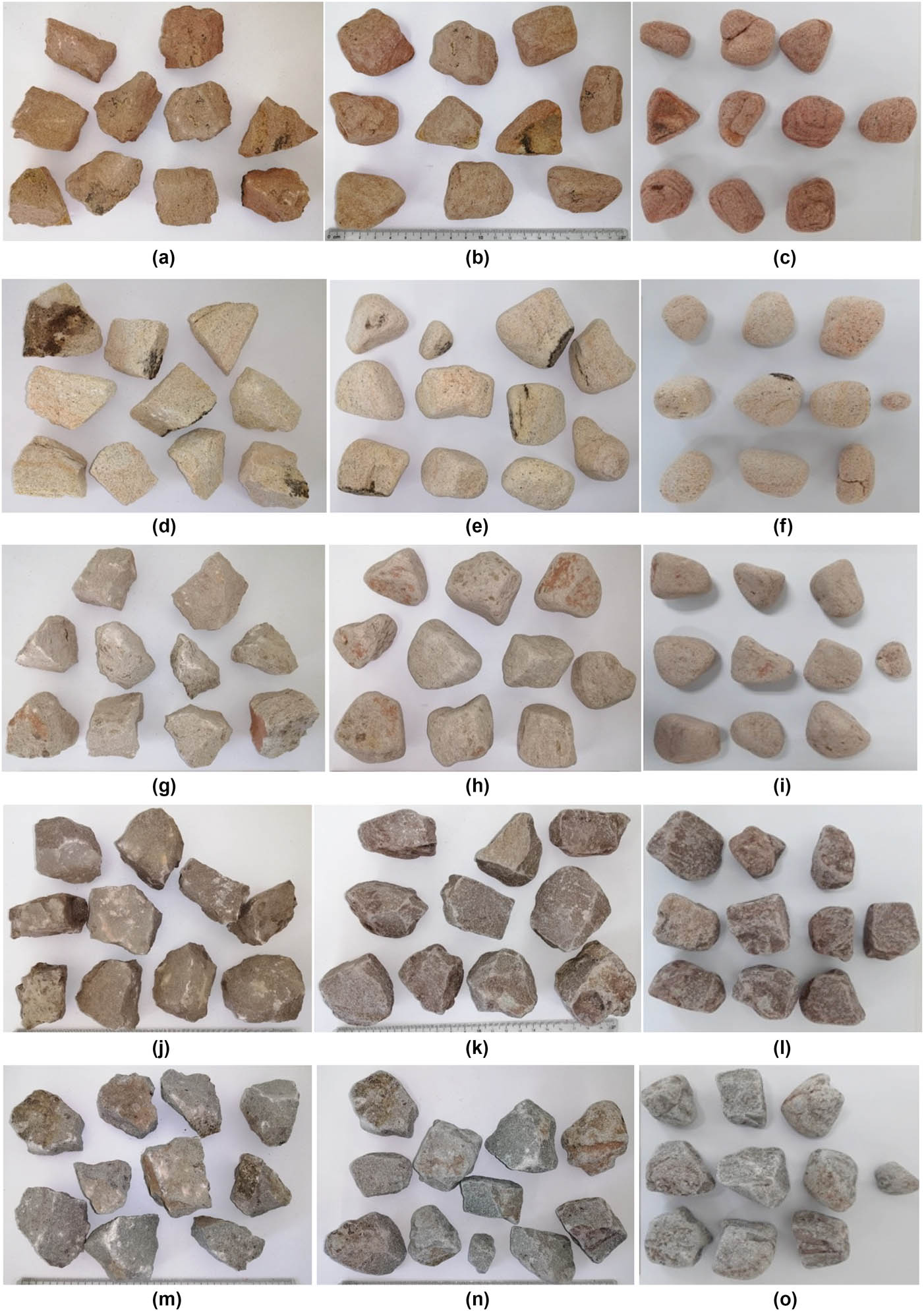 Figure 10
Selected samples of Phra Wihan and Sao Khua Formations before, after 2 cycles, and after 10 cycles of Slake Durability Index Test. 19PWxx for Phra Wihan Formation. 19SKxx, 19TY01-19TY03 for Sao Khua Formation. (a) 19PW05, (b) 19PW05-2 cycles, (c) 19PW05-2 cycles, (d) 19PW08, (e) 19PPW08-2 cycles, (f) 19PPW08-10 cycles, (g) 19PW10, (h) 19PPW10-2 cycles, (i) 19PPW10-10 cycles, (j) 19SK01, (k) 19SK01-2 cycles, (l) 19SK01-10 cycles, (m) 19SK03, (n) 19SK03-2 cycles, (o) 19SK03-10 cycles.
