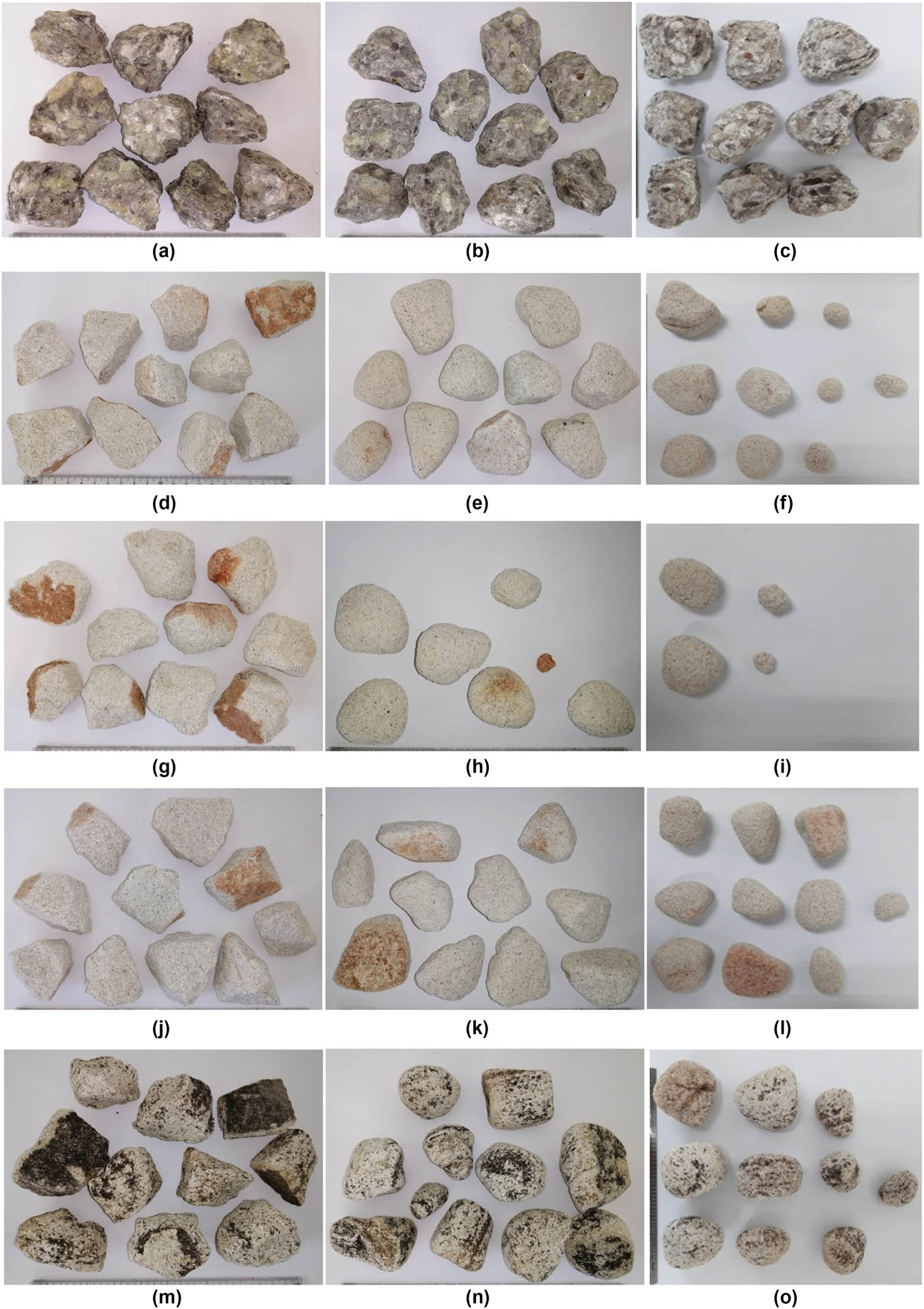 Figure 11
Selected samples of Sao Khua and Phu Phan Formations before, after 2 cycles, and after 10 cycles of Slake Durability Index Test. 19TY04-60, 19TY10 for Sao Khua Formation, 19PPxx for Phu Phan Formation. (a) 19TY04, (b) 19TY04-2 cycles, (c) 19TY04-2 cycles, (d) 19PP01, (e) 19PP01-2 cycles, (f) 19PP01-10 cycles, (g) 19PP04, (h) 19PP04-2 cycles, (i) 19PP04-10 cycles, (j) 19PP08, (k) 19PP08-2 cycles, (l) 19PP08-10 cycles, (m) 19TY07, (n) 19TY07-2 cycles, (o) 19TY07-10 cycles.