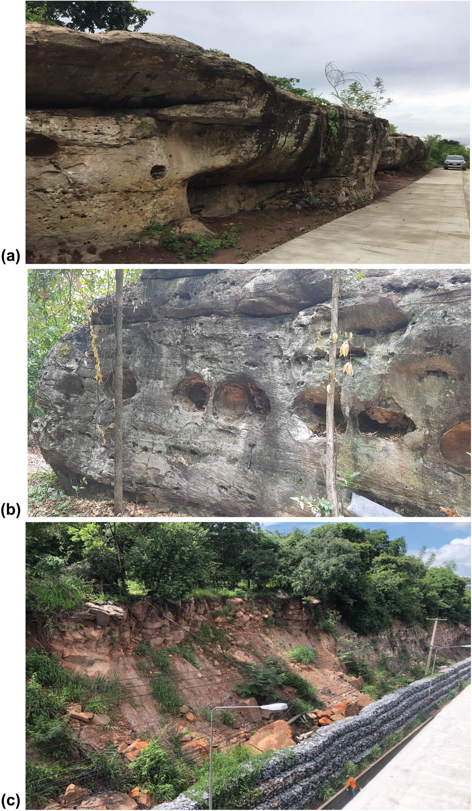 Figure 18
Geomorphic features of the Phra Wihan Formation. (a) and (b) sandstone walls with lateral potholes at Wad Khao Saad locality and (c) rockfall along Highway No.2 (October 2020).
