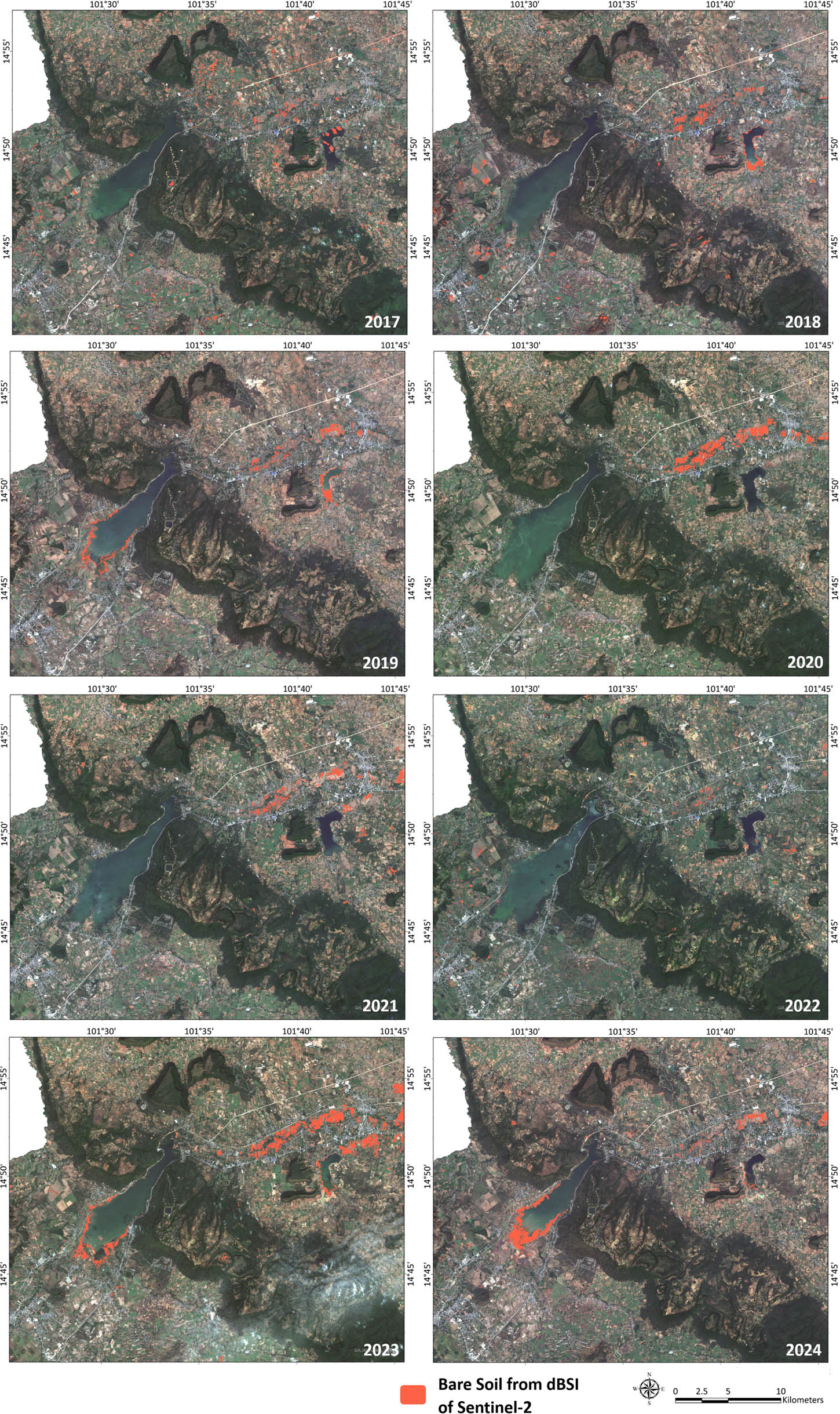 Figure 19
Spatial and temporal distribution of landslide scars on Khorat cuesta from 2017 to 2024.