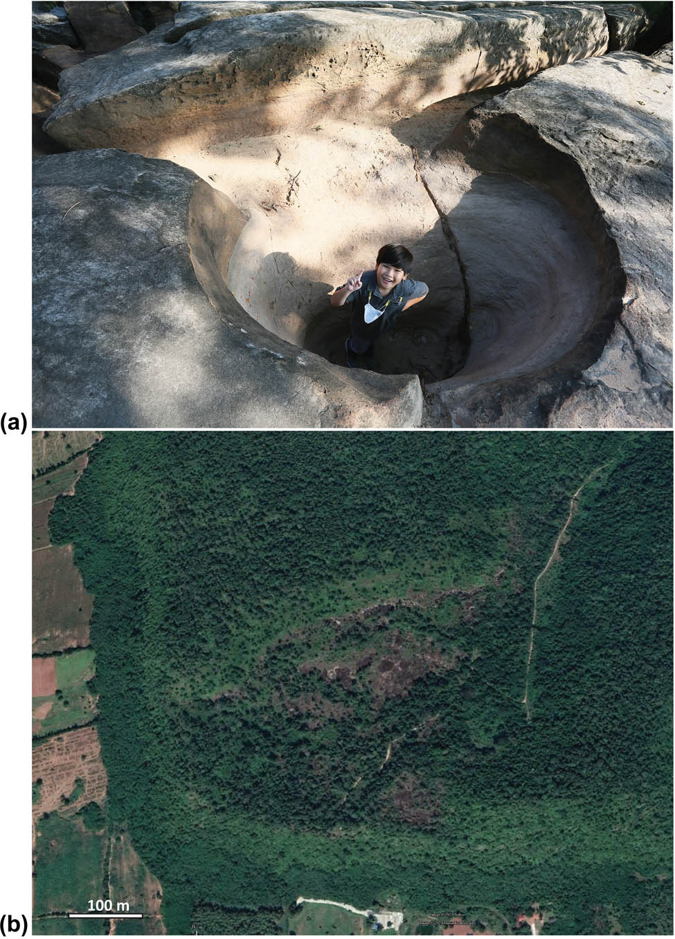 Figure 20
Potholes in the Phu Phan formation. (a) Fluvial pothole of the ancient stream at Si Khui stone quarry. (b) Hilltop potholes on the Pha Sam Sip Sang hill.
